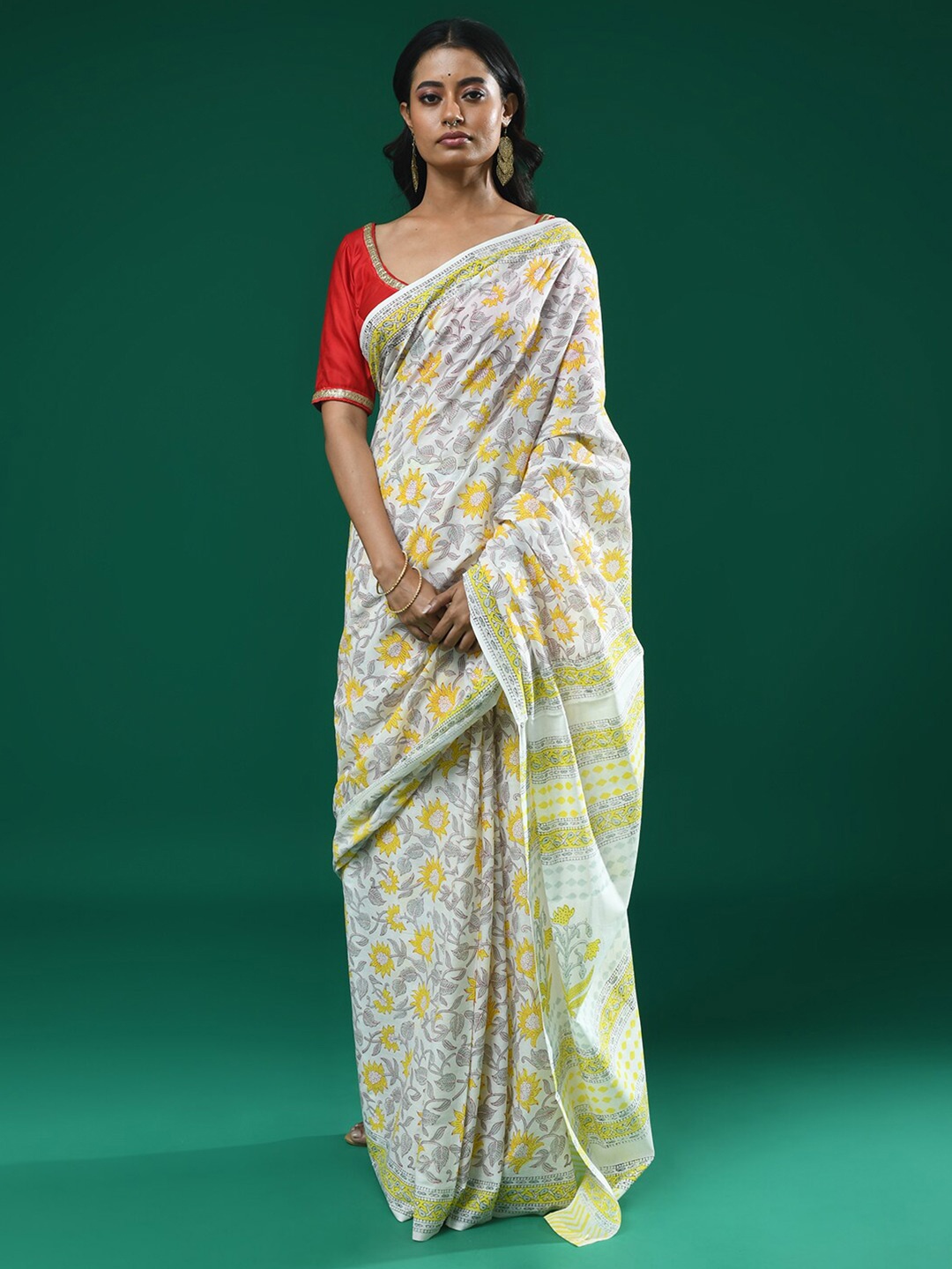 

Indethnic Floral Printed Pure Cotton Bagru Saree, Yellow