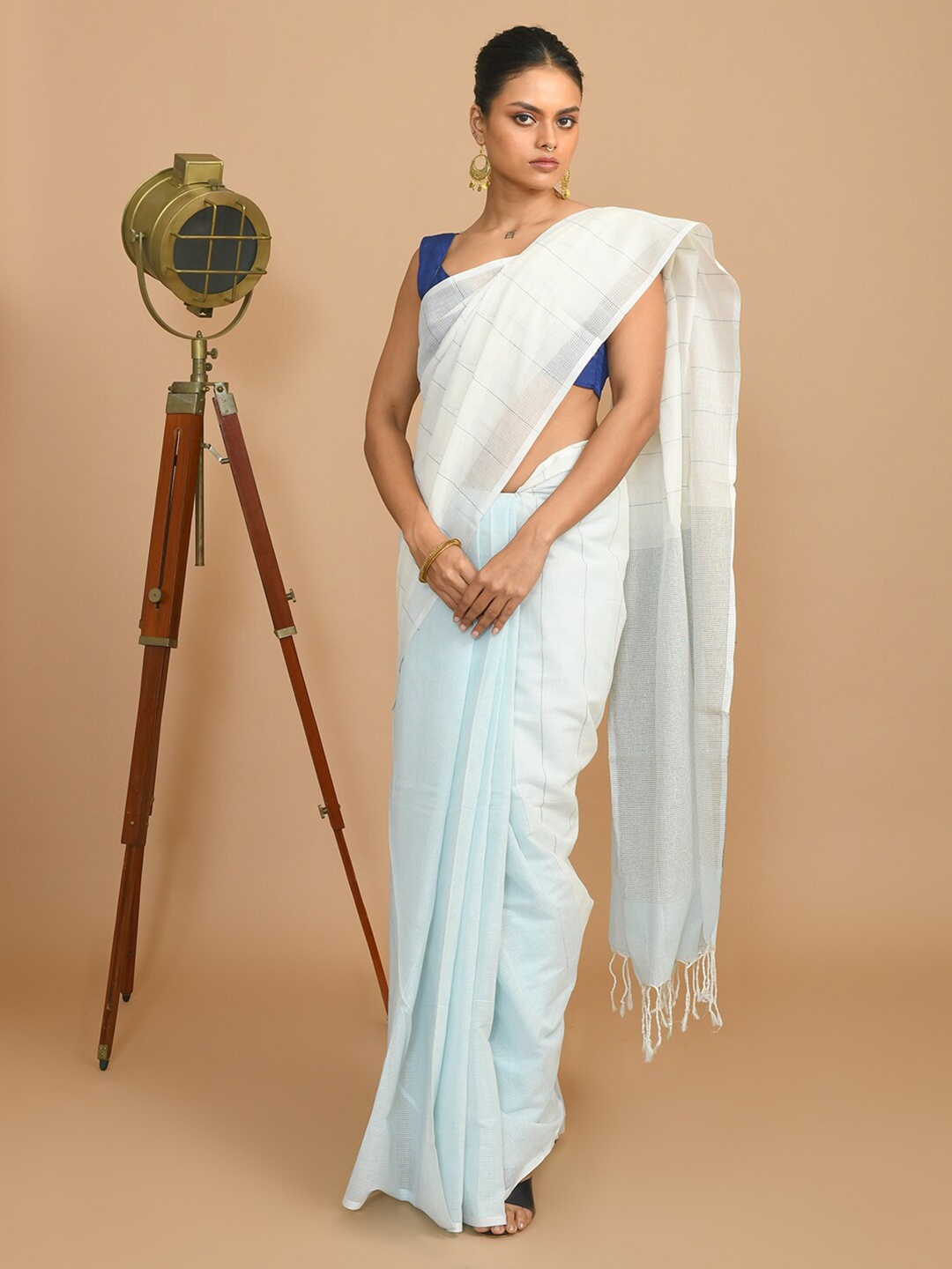 

Indethnic Striped Zari Pure Cotton Saree, Blue
