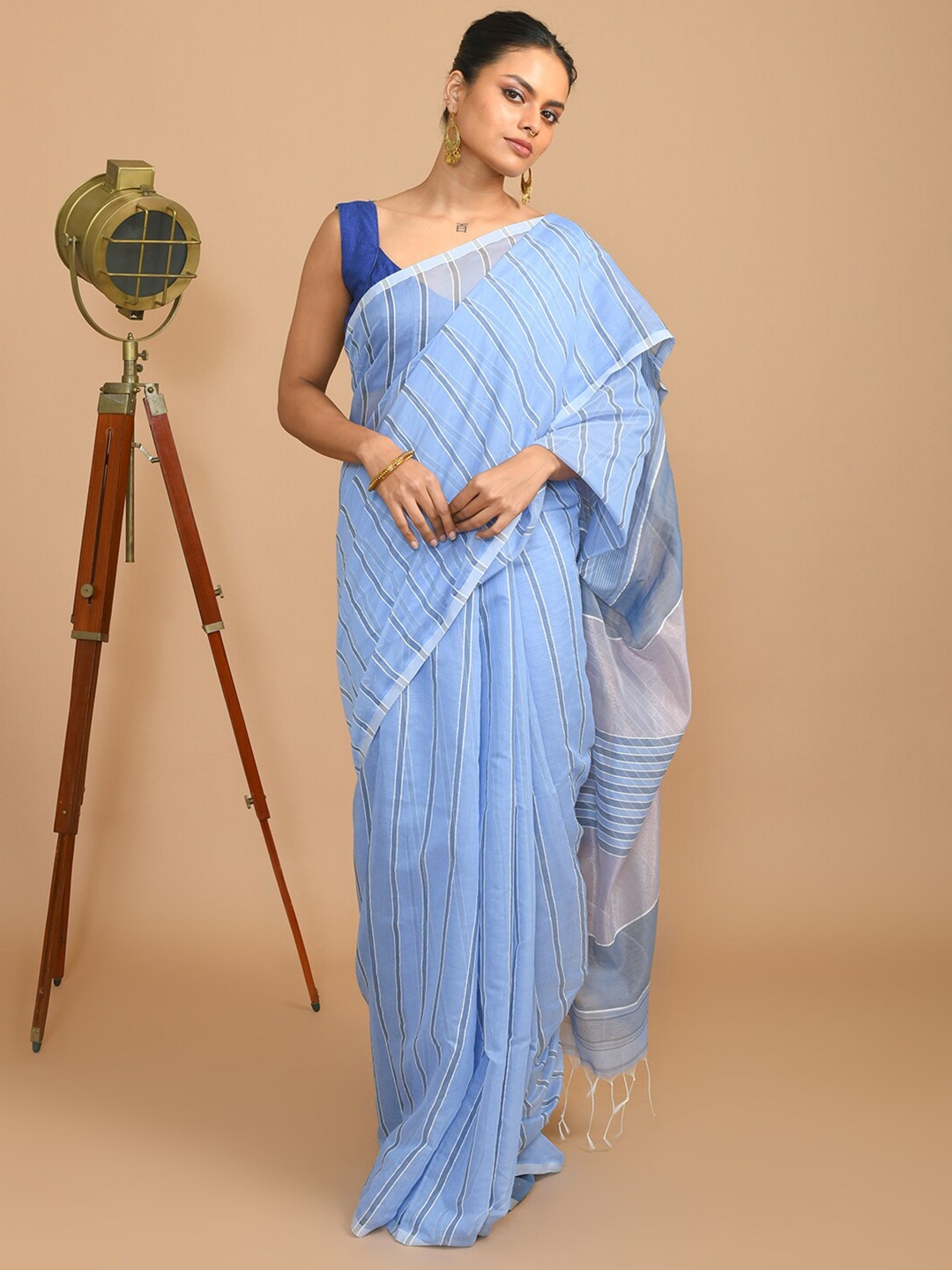 

Indethnic Striped Saree, Blue