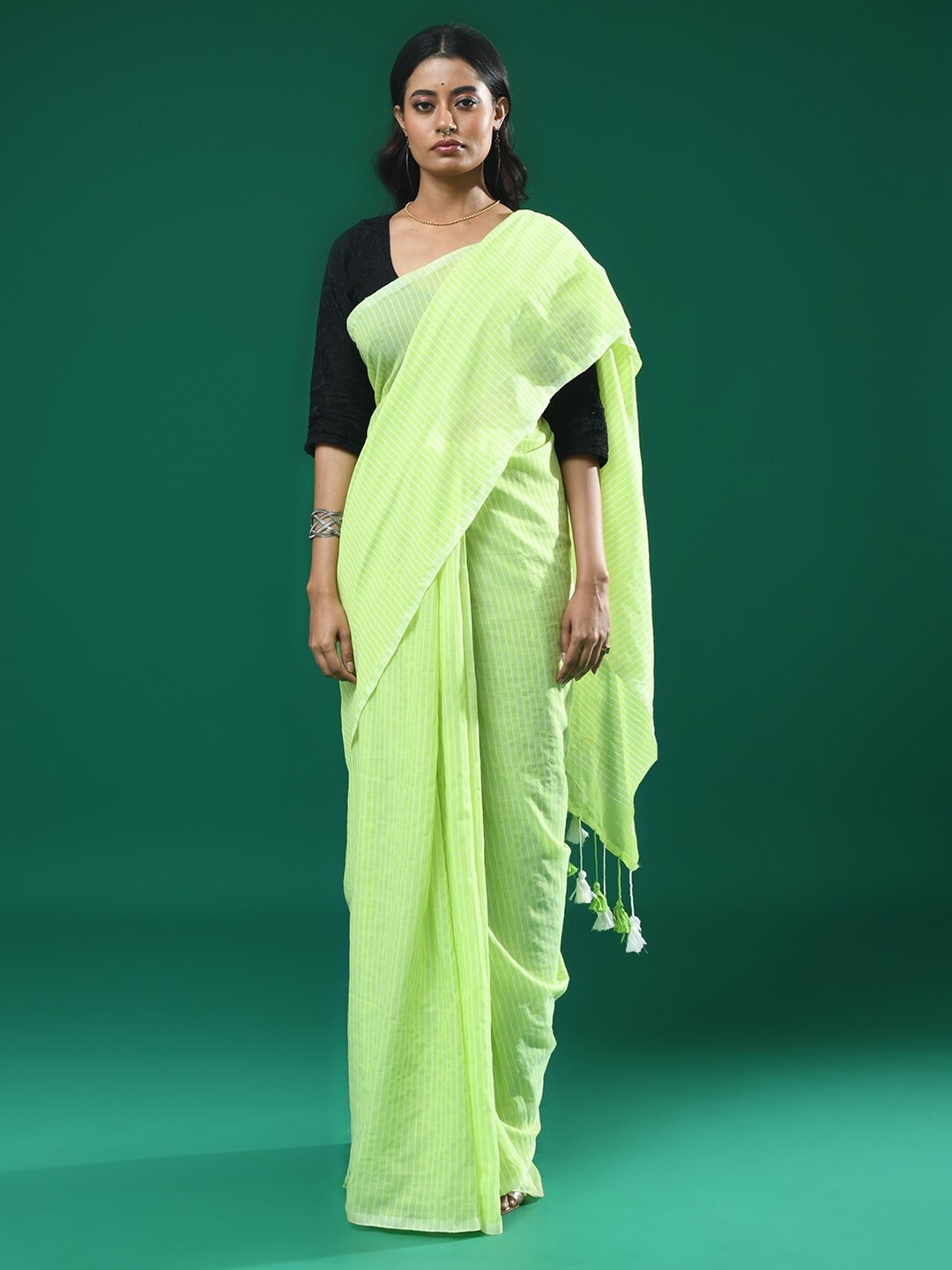 

Indethnic Striped Printed Saree, Green