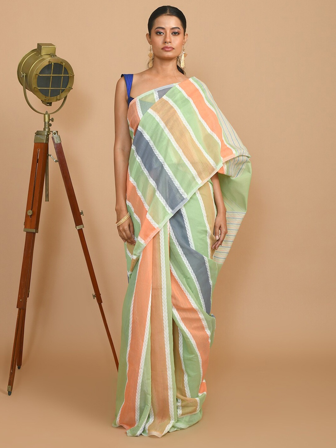 

Indethnic Striped Prinred Saree, Green