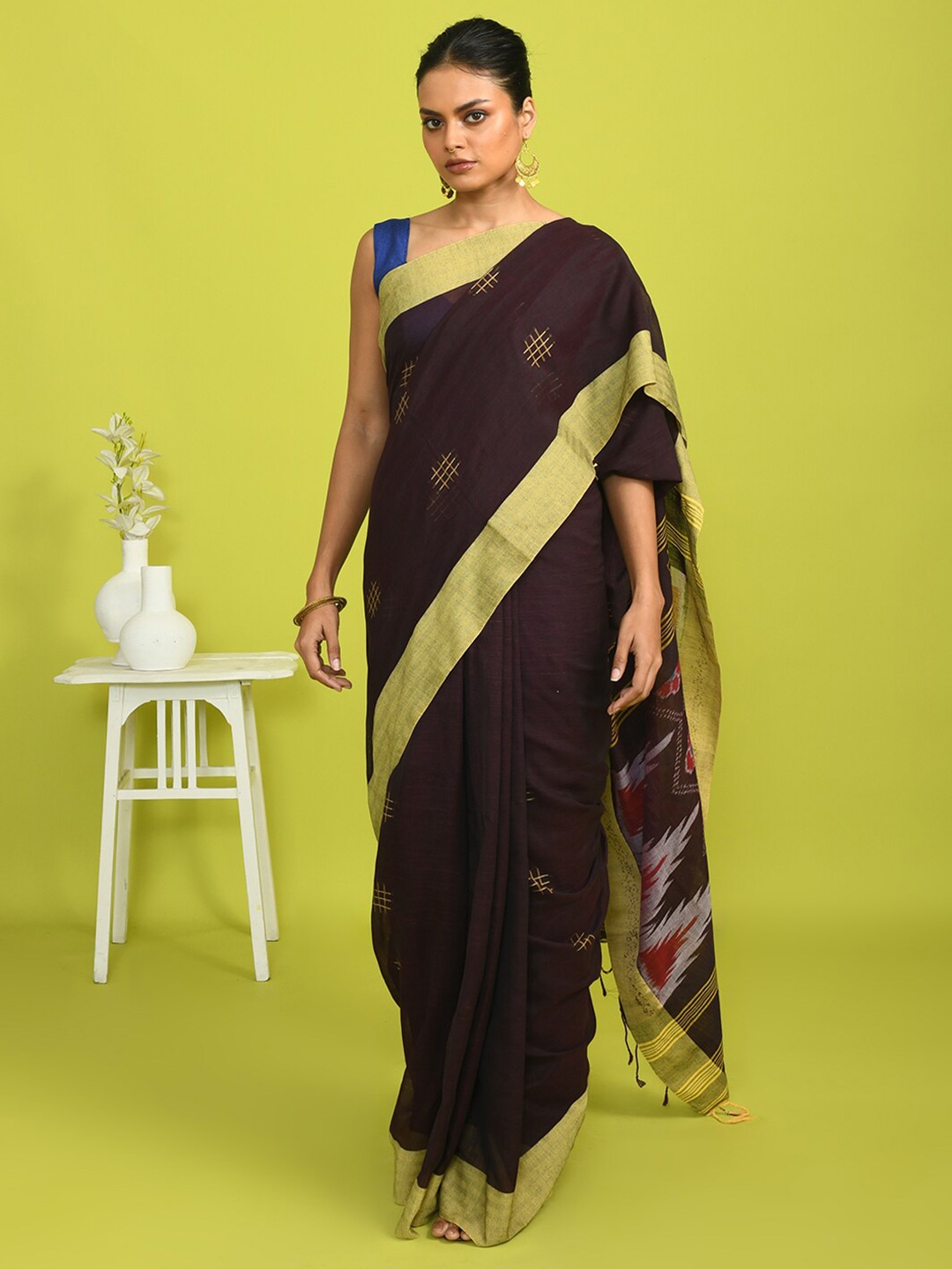 

Indethnic Ethnic Woven Design Pure Cotton Ikat Saree, Brown