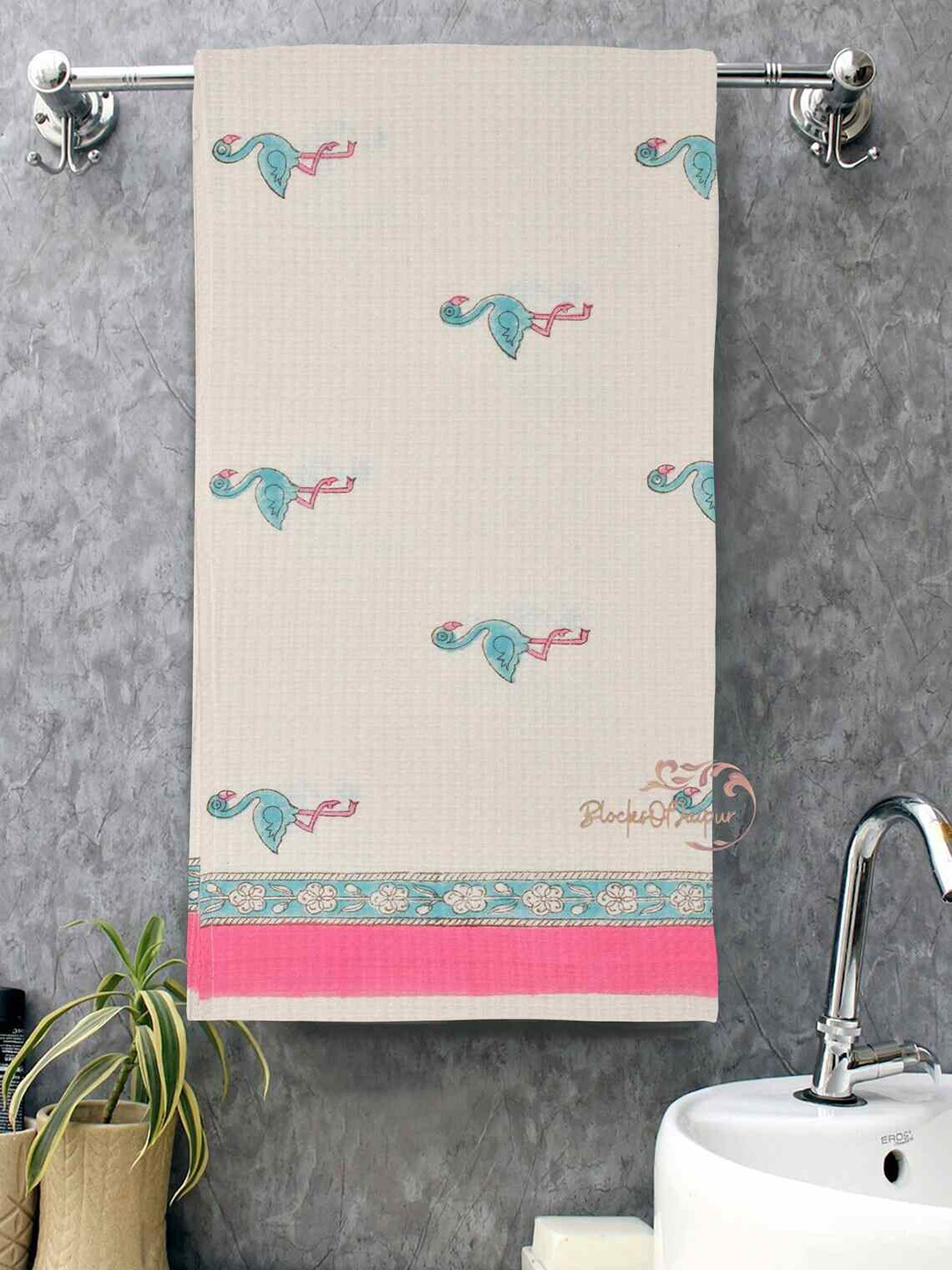 

BLOCKSOFJAIPUR Beige & Blue Printed Cotton Bath Towel