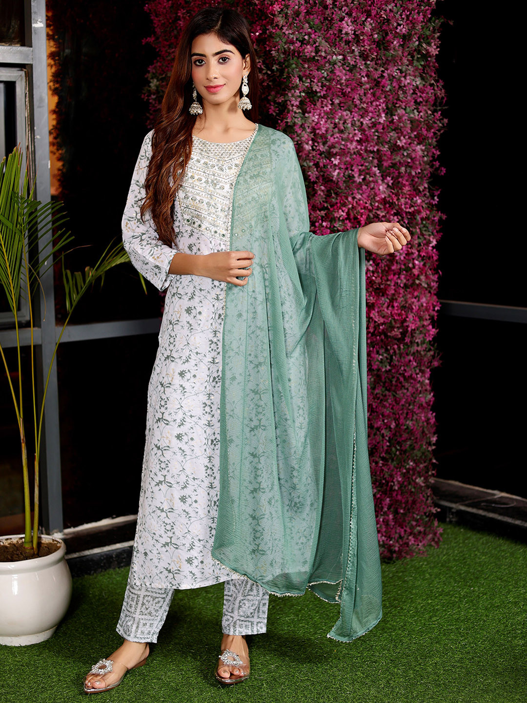 

J.KANJI Floral Printed Regular Thread Work Pure Cotton Kurta With Trousers & Dupatta, Green