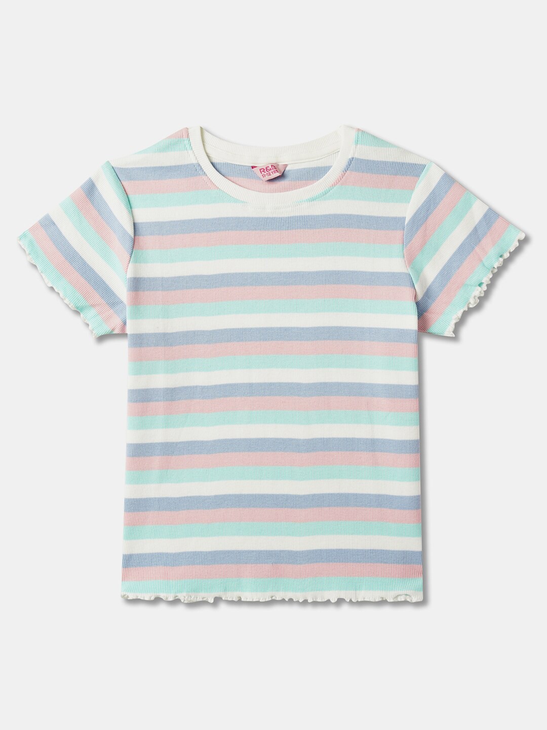 

R&B Girls Striped Round Neck Cotton Top, White