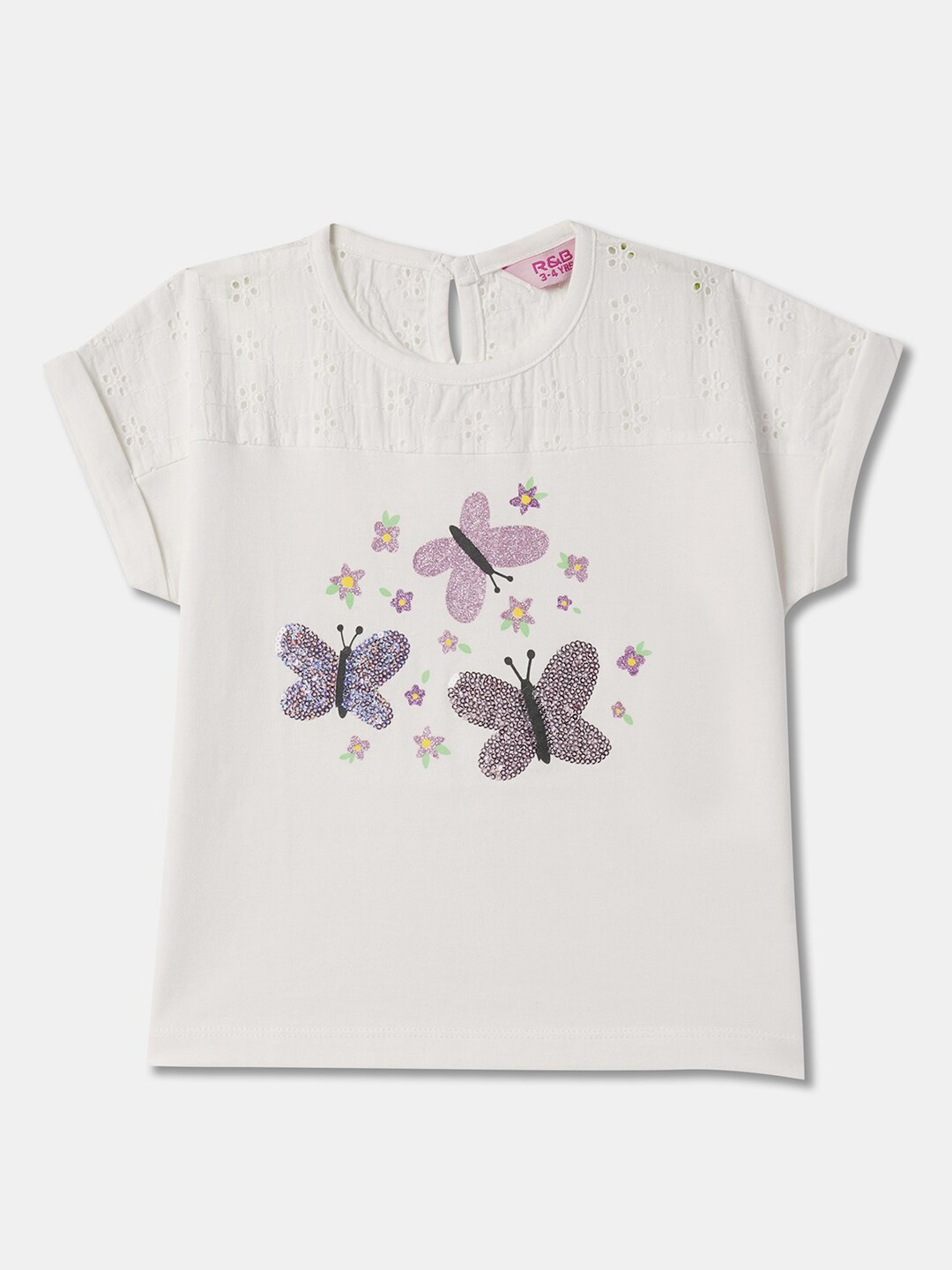 

R&B Girls Floral Printed Extended Sleeves Cotton Top, White
