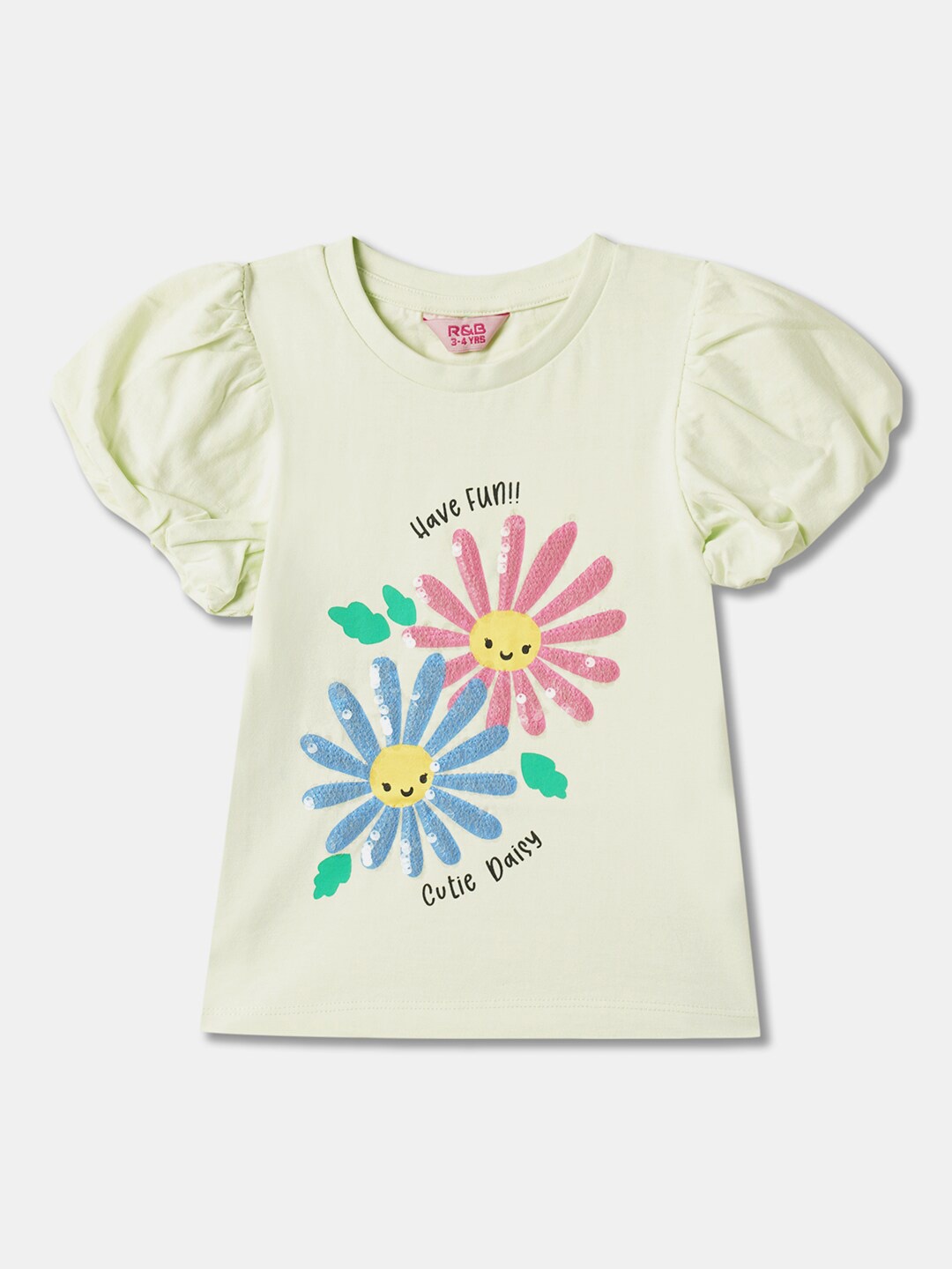 

R&B Girls Printed Sequined Puff Sleeves Cotton Top, Green