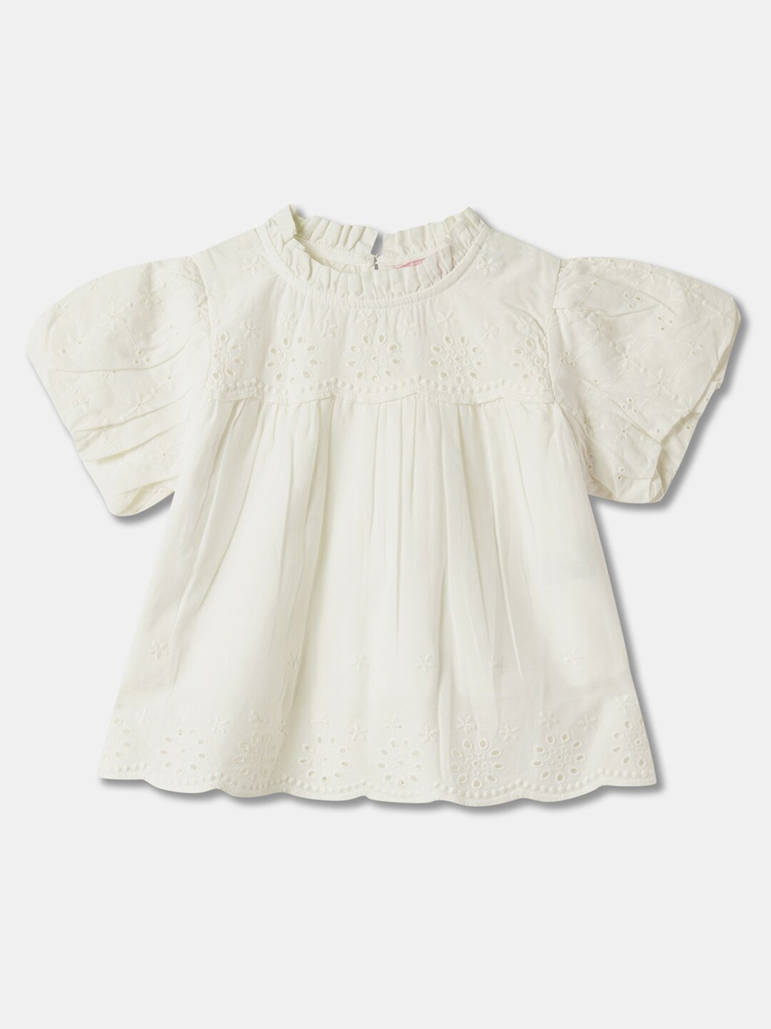 

R&B Girls Self Design Puff Sleeves Gathered Cotton Top, Off white