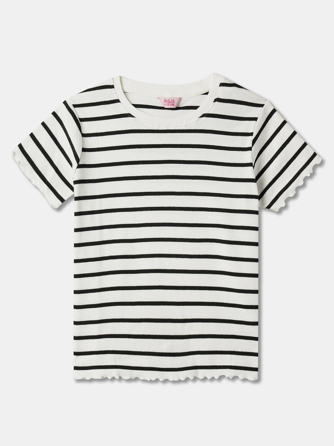 

R&B Girls Striped Round Neck Cotton Top, White