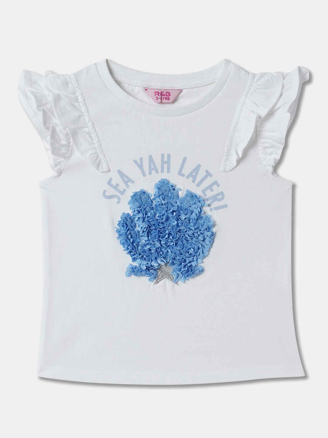 

R&B Girls Typography Printed Flutter Sleeves Cotton Top, White