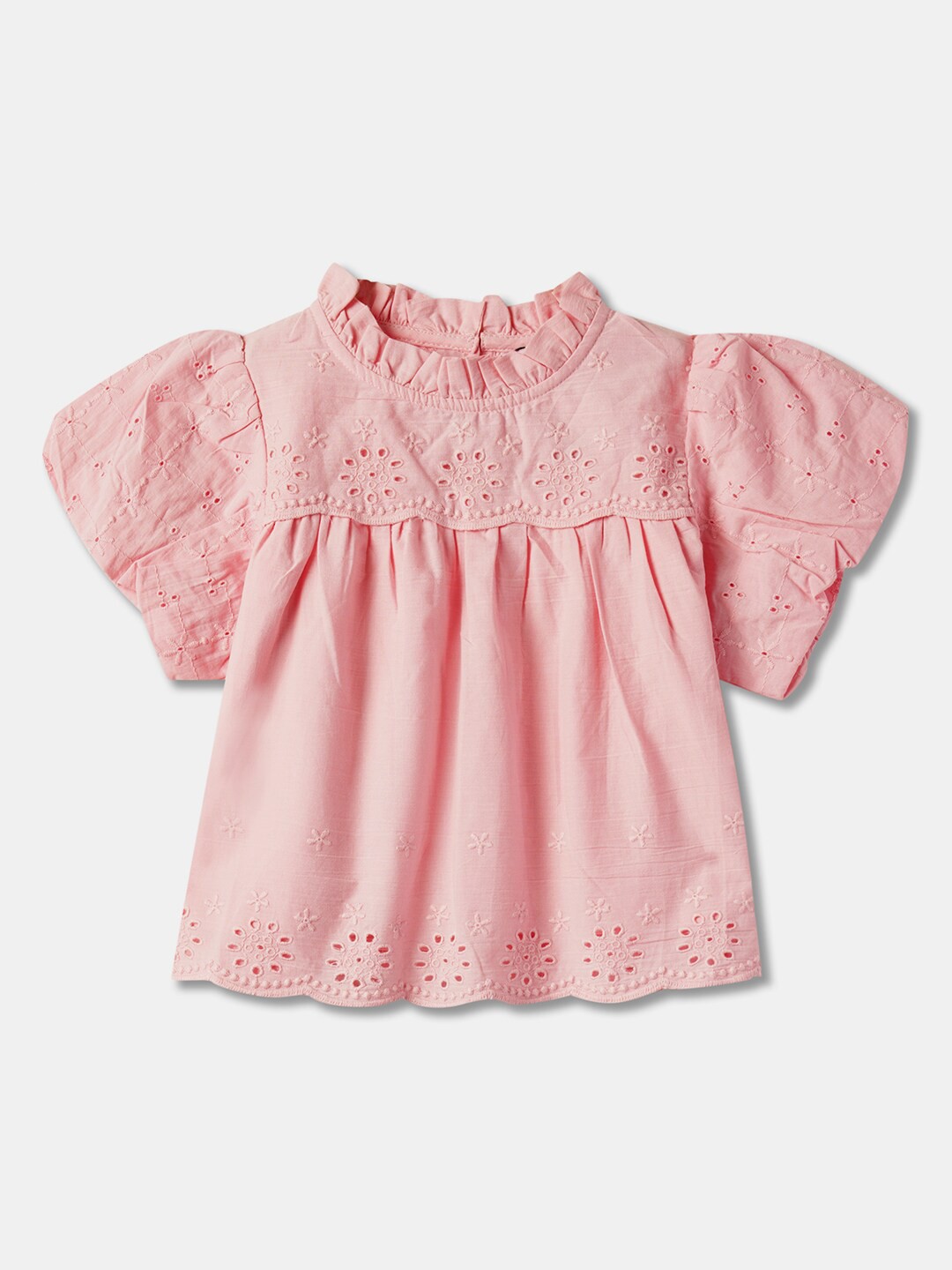 

R&B Girls Self Design Puff Sleeves Gathered Cotton A-Line Top, Pink