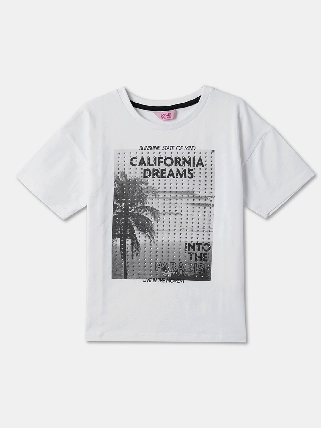 

R&B Girls Typography Printed Round Neck Cotton Top, White