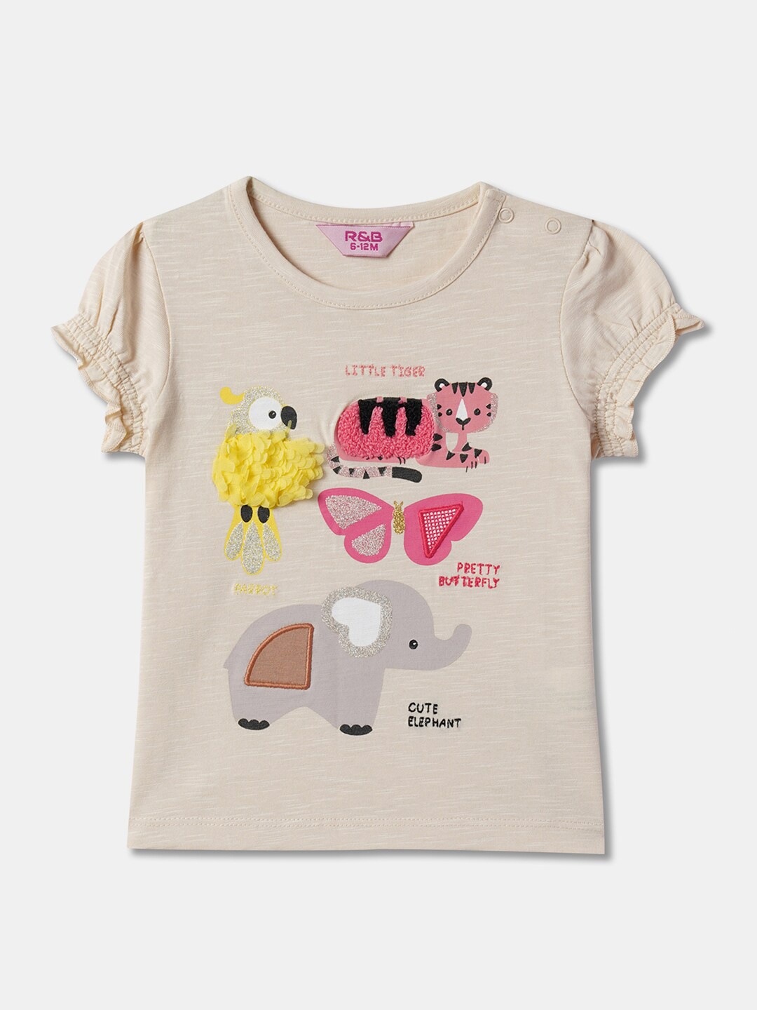 

R&B Girls Printed Puff Sleeve Cotton Top, Beige
