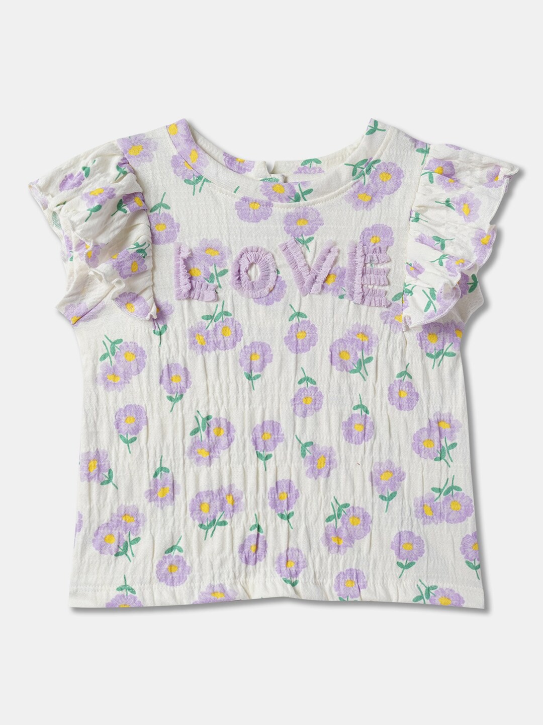 

R&B Girls Floral Printed Flared Sleeves Cotton Top, Beige