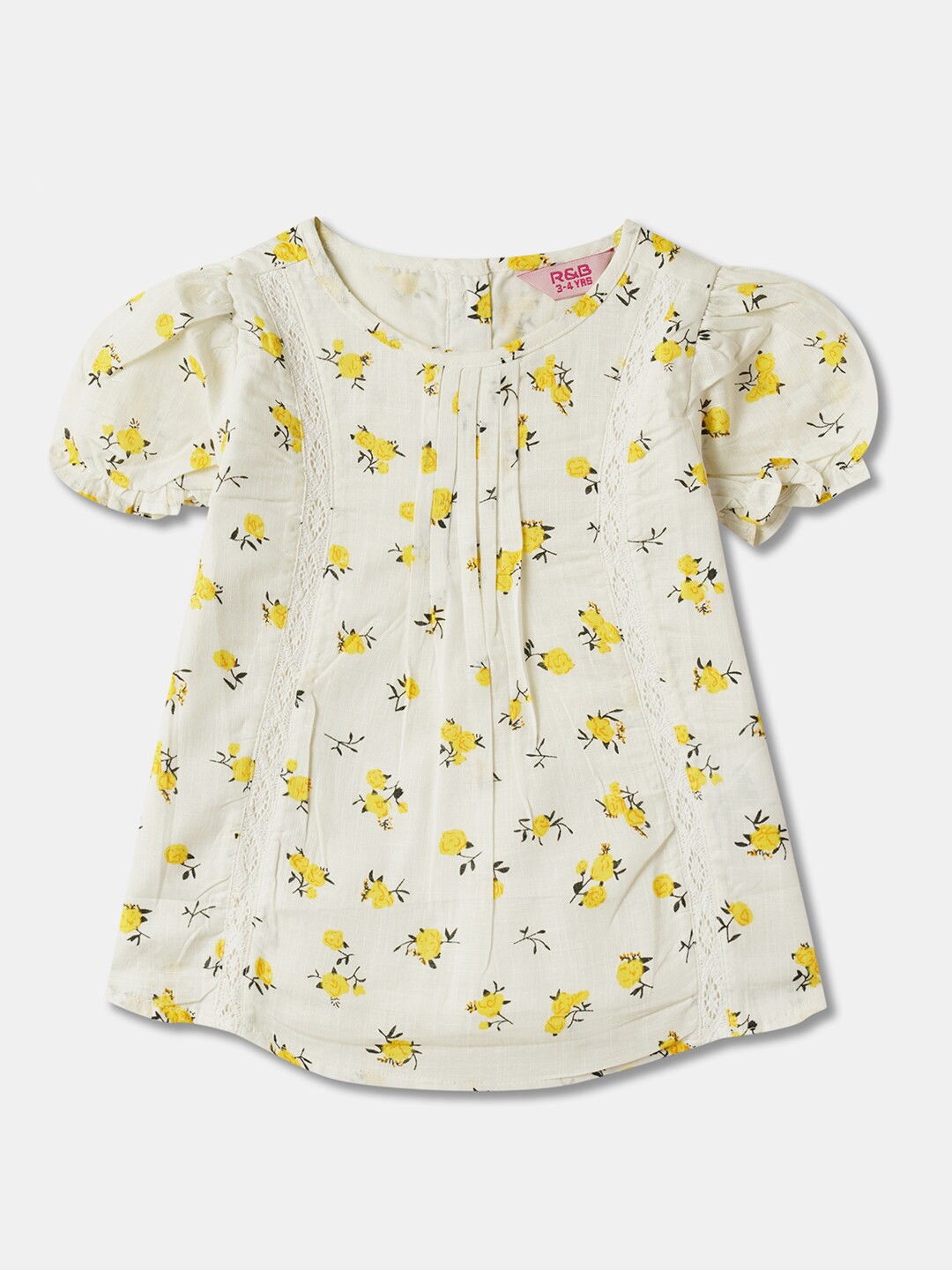 

R&B Floral Print Puff Sleeve Cotton Shirt Style Top, White
