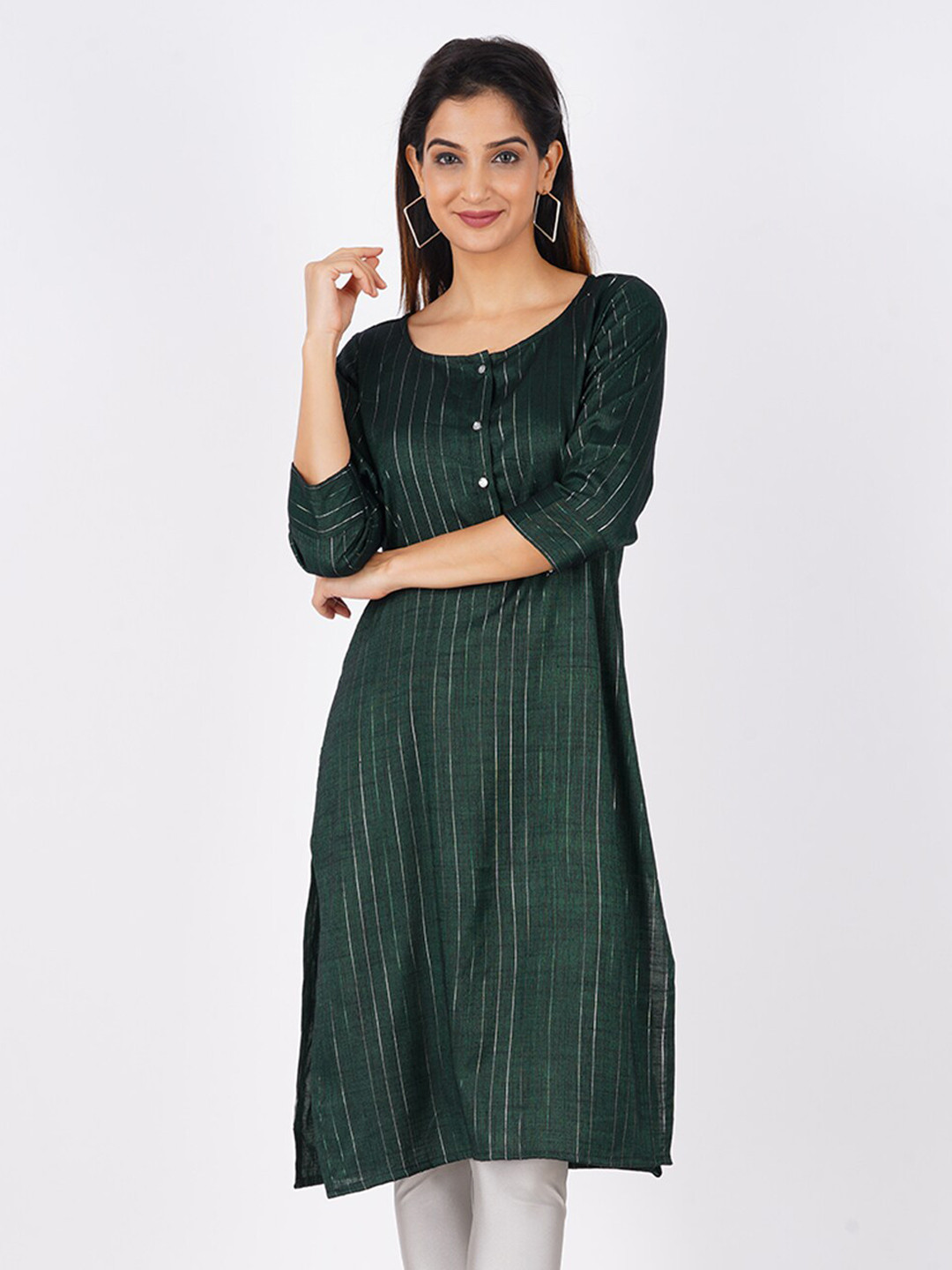 

BAESD Striped Round Neck Calf Length Straight Kurta, Green