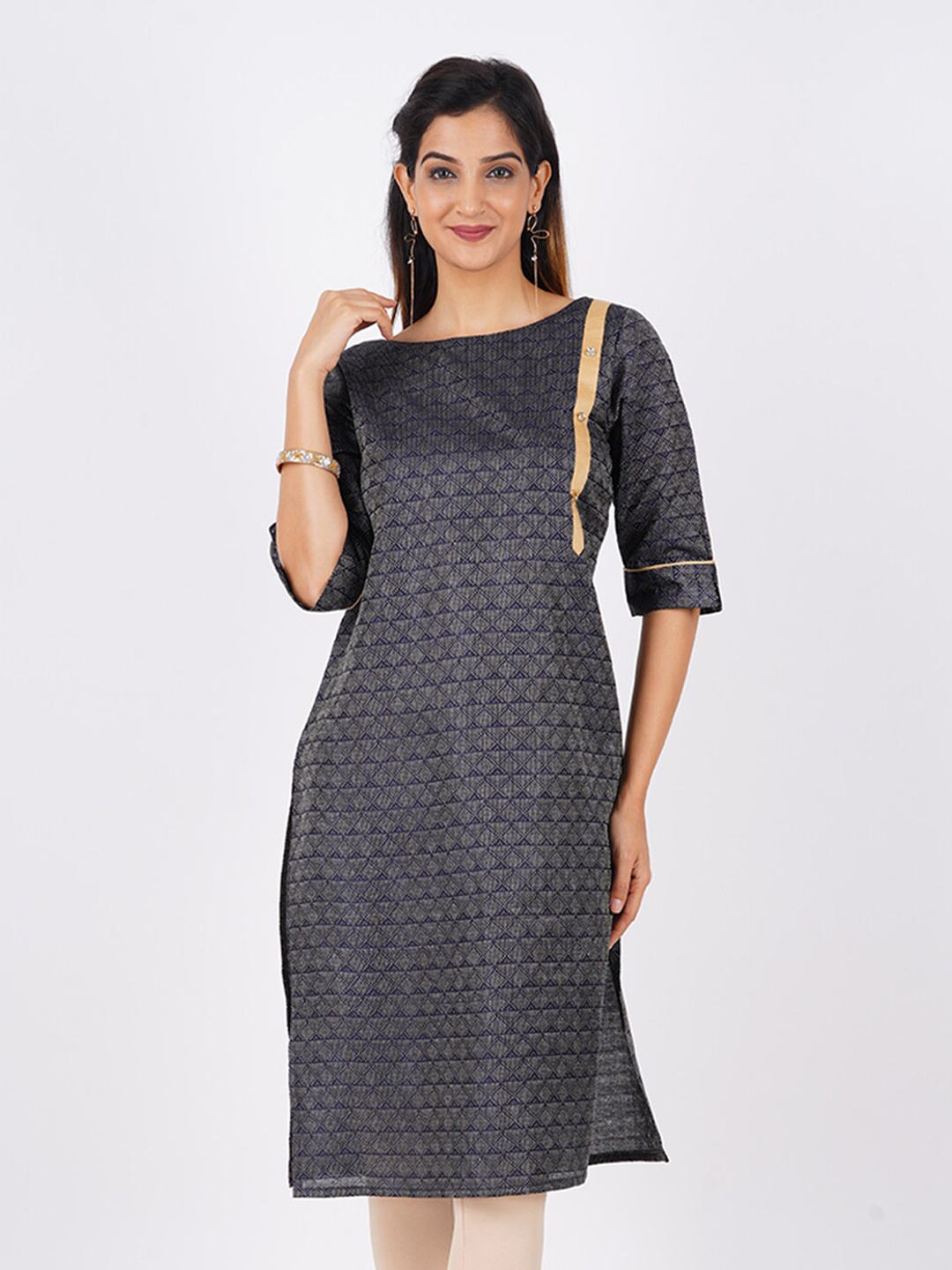 

BAESD Self Geometric Design Jute Cotton Jacquard Straight Kurta, Navy blue