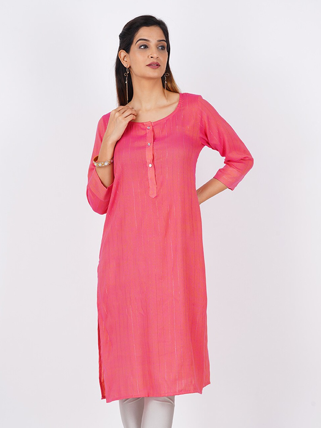 

BAESD Zari Striped Self Design Lines Straight Kurta, Rose gold