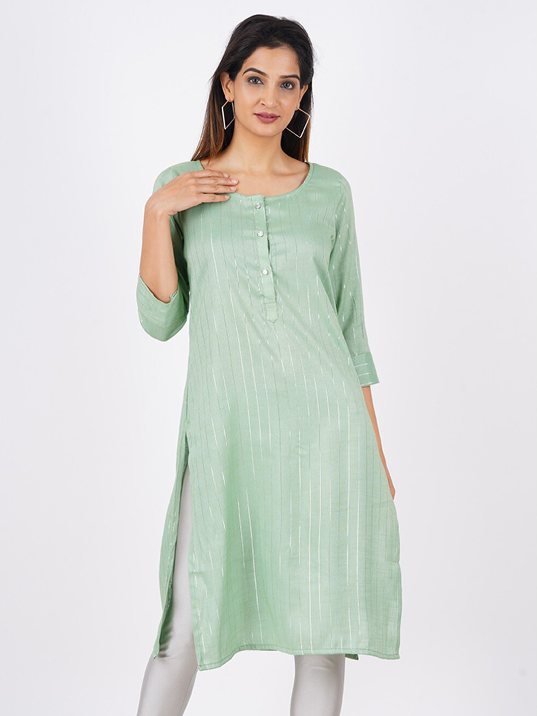 

BAESD Zari Striped Self Design Lines Straight Kurta, Green