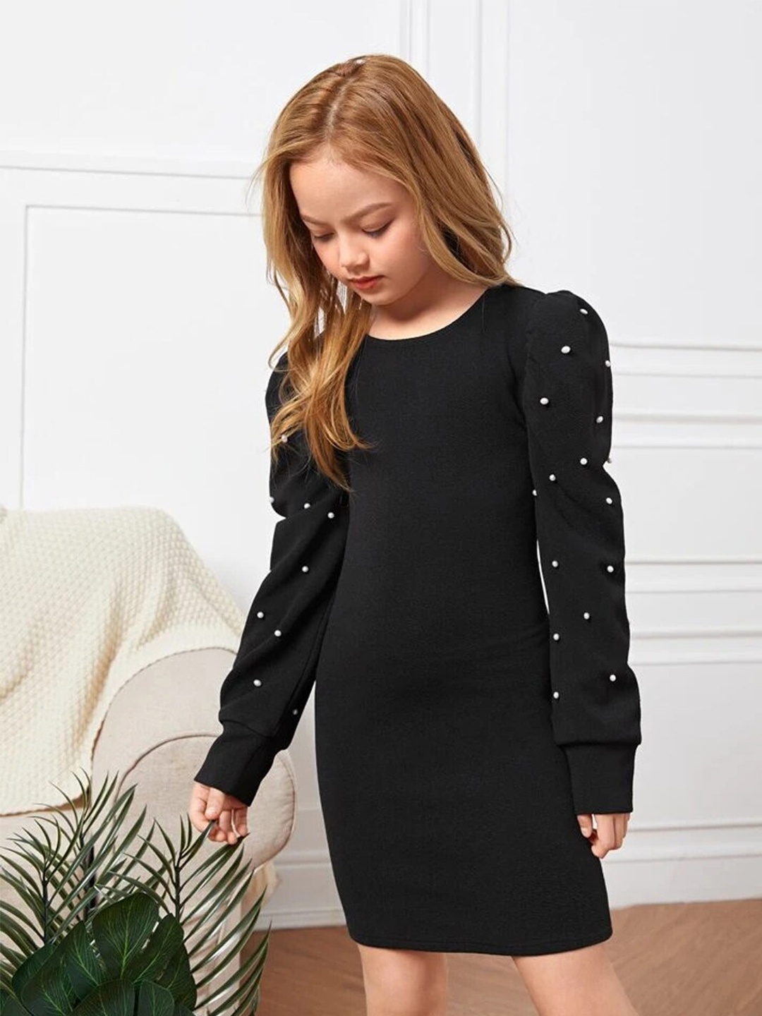 

BAESD Girls Round Neck Puff Sleeves Opaque Bodycon Dress, Black