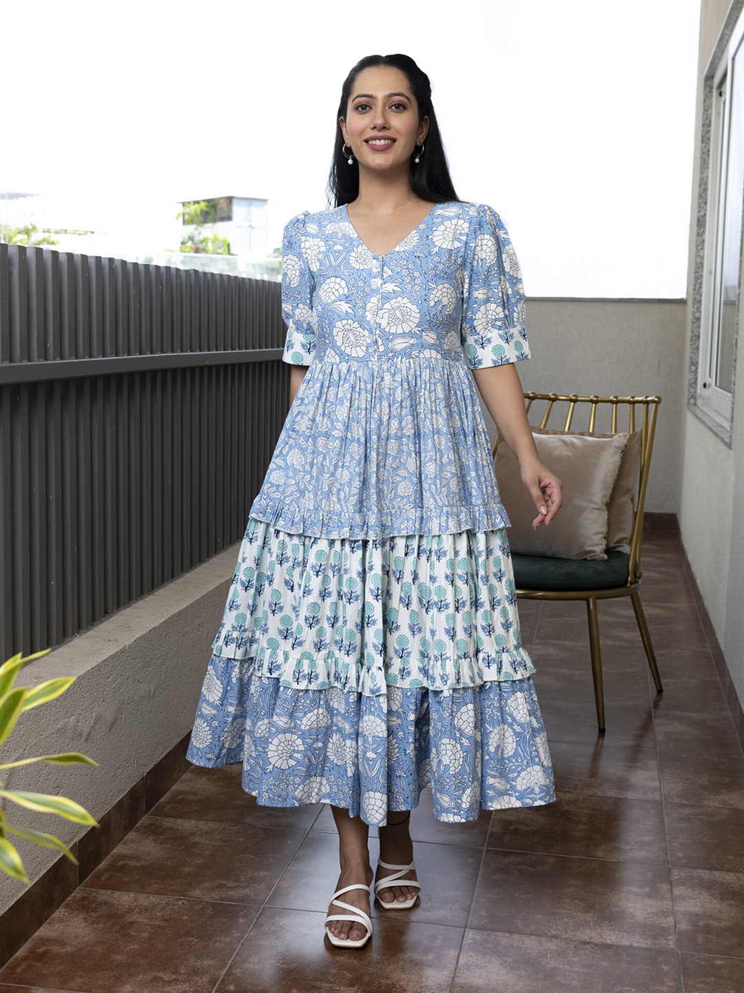 

mulmul.com Floral Printed V-Neck Puff Sleeves Cotton Fit & Flare Midi Dress, Blue