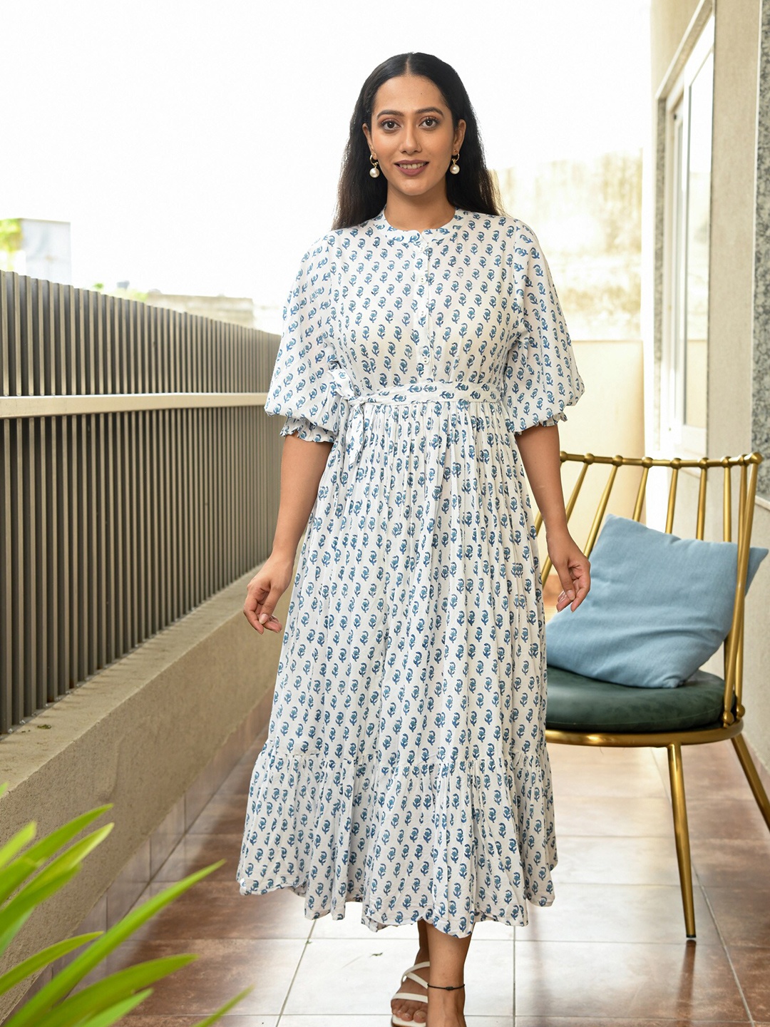 

Mulmul Floral Printed Mandarin Collar Cotton Fit & Flare Maxi Dress, White