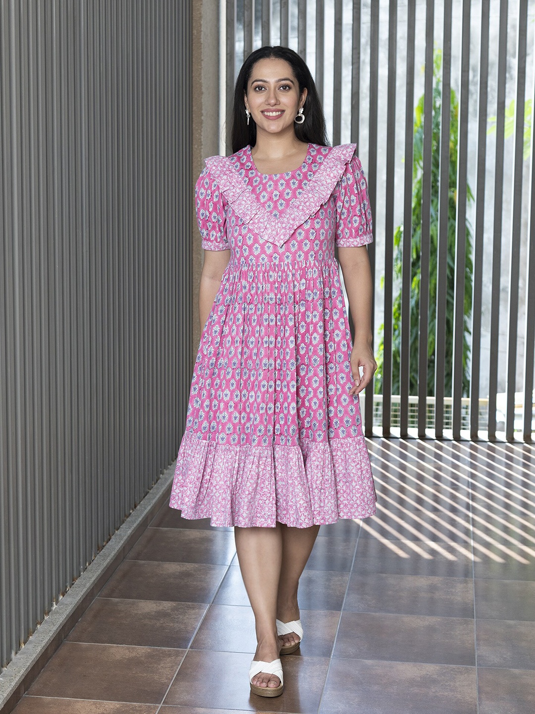 

Mulmul Floral Printed Cotton Fit & Flare Dress, Pink