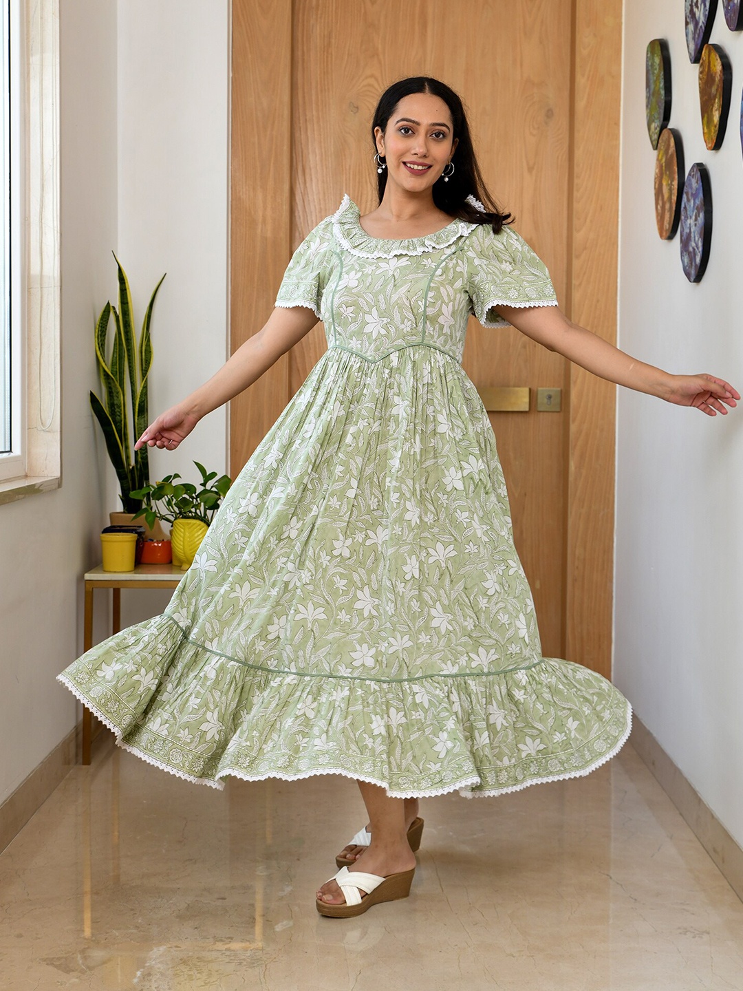 

Mulmul Floral Print A-Line Cotton Midi Dress, Green