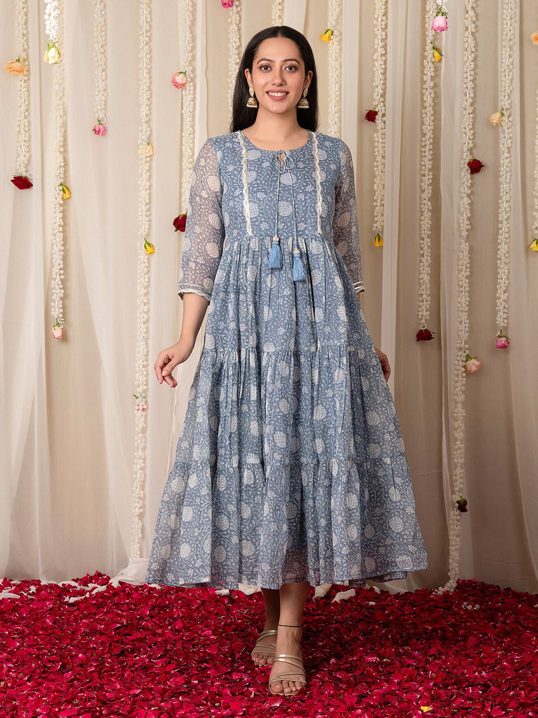 

Mulmul Floral Printed Fit & Flare Tiered Cotton Maxi Dress, Grey