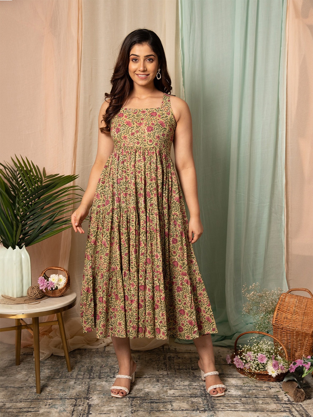 

Mulmul Floral Printed Round Neck Sleeveless Cotton Empire Maxi Dress, Multi