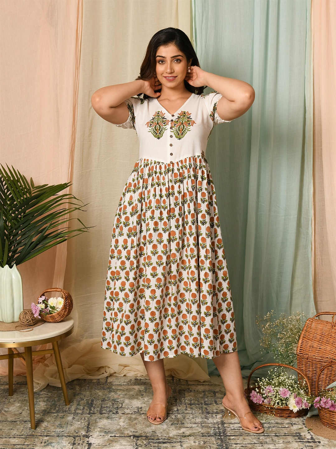 

mulmul.com Floral Printed V-Neck Puff Sleeves Cotton Fit & Flare Midi Dress, White