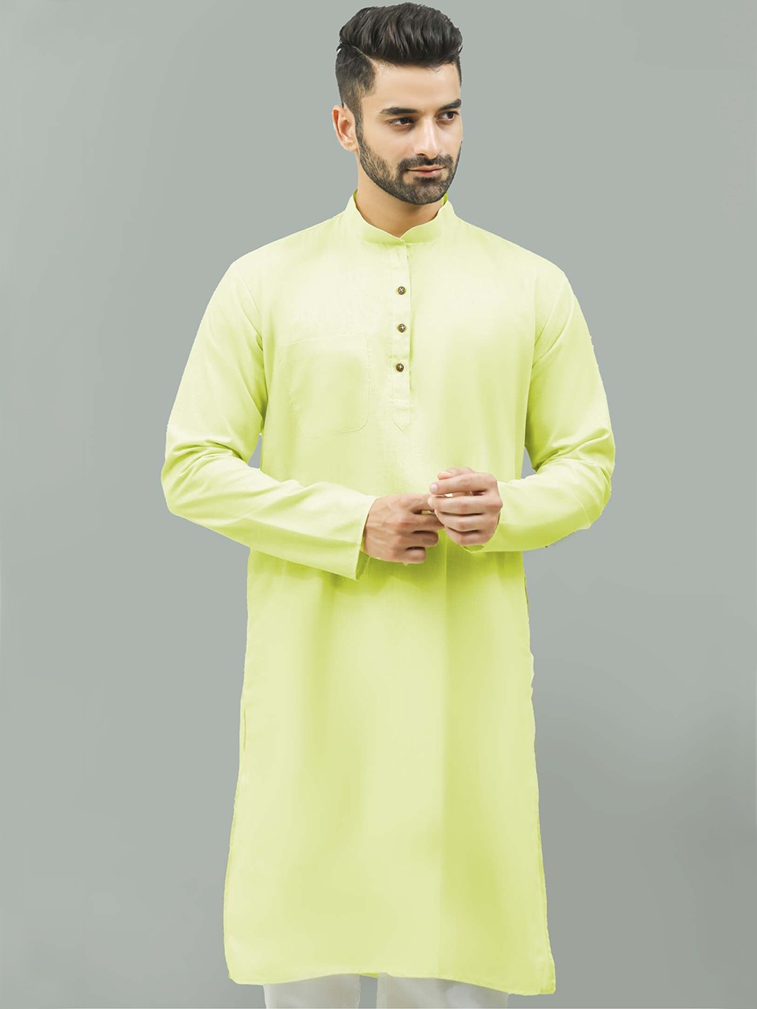 

BLUESAANCHI Mandarin Collar Kurta With Trouser, Yellow
