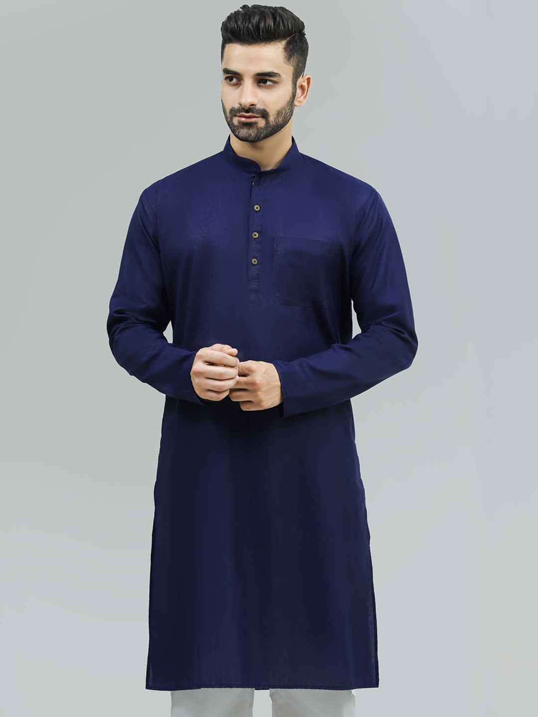 

BLUESAANCHI Mandarin Collar Kurta With Trouser, Navy blue