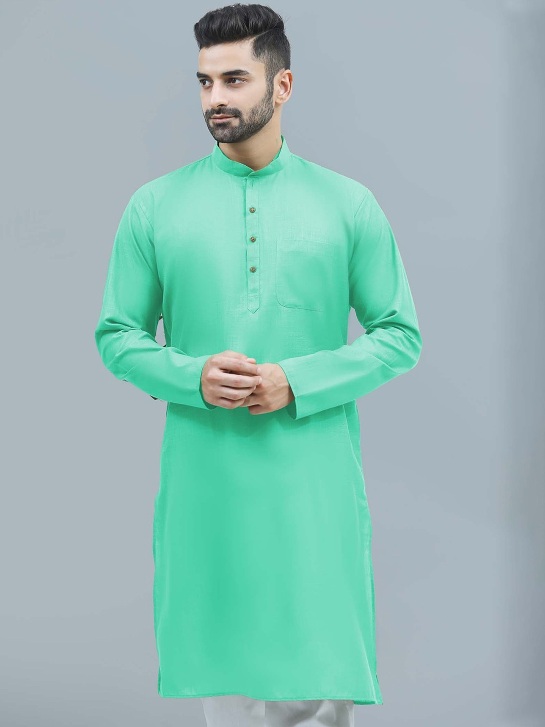 

BLUESAANCHI Mandarin Collar Kurta With Trouser, Green