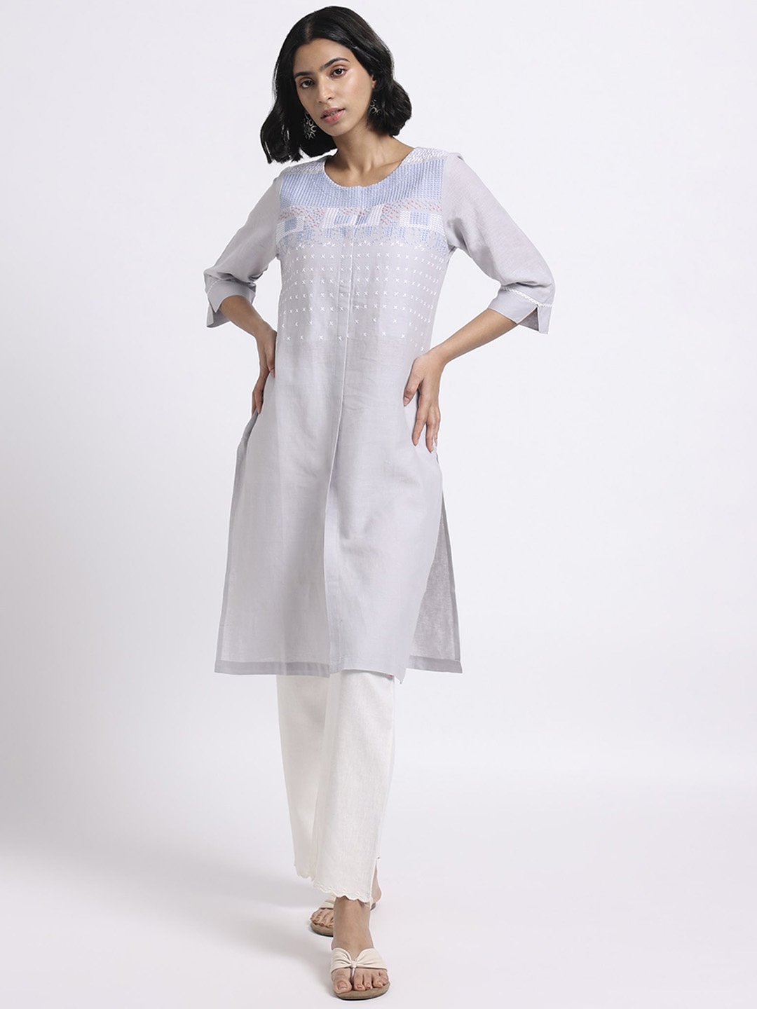 Bombay Bloom Floral Yoke Design Thread Work A-Line Kurta, Grey