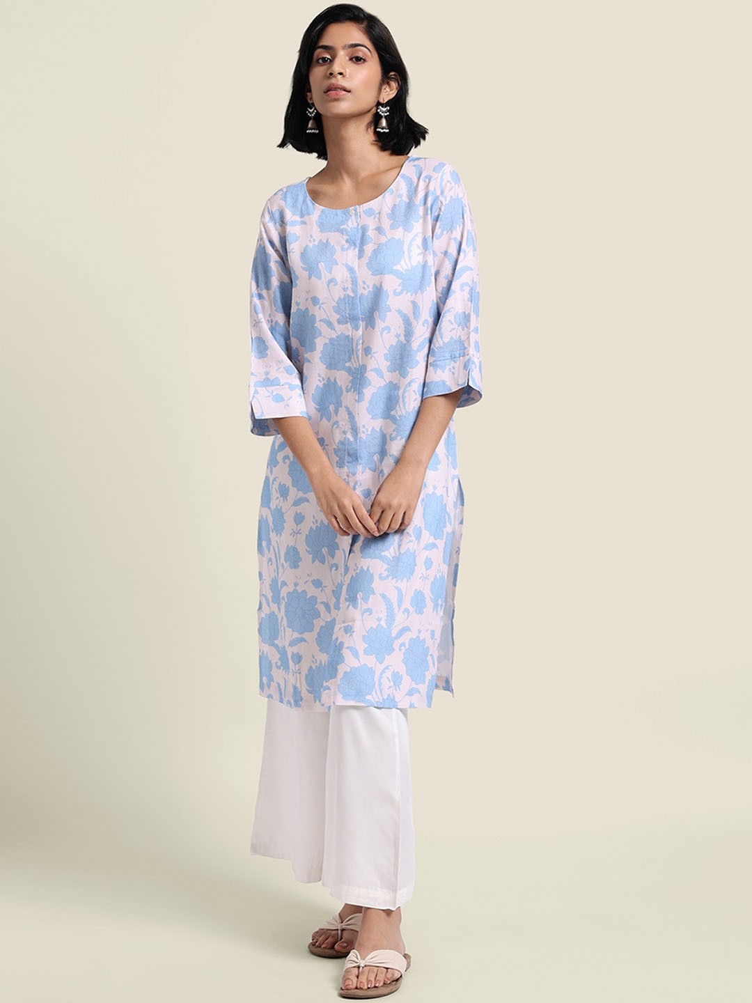 

Bombay Bloom Floral Printed Round Neck Linen Straight Kurta, Blue