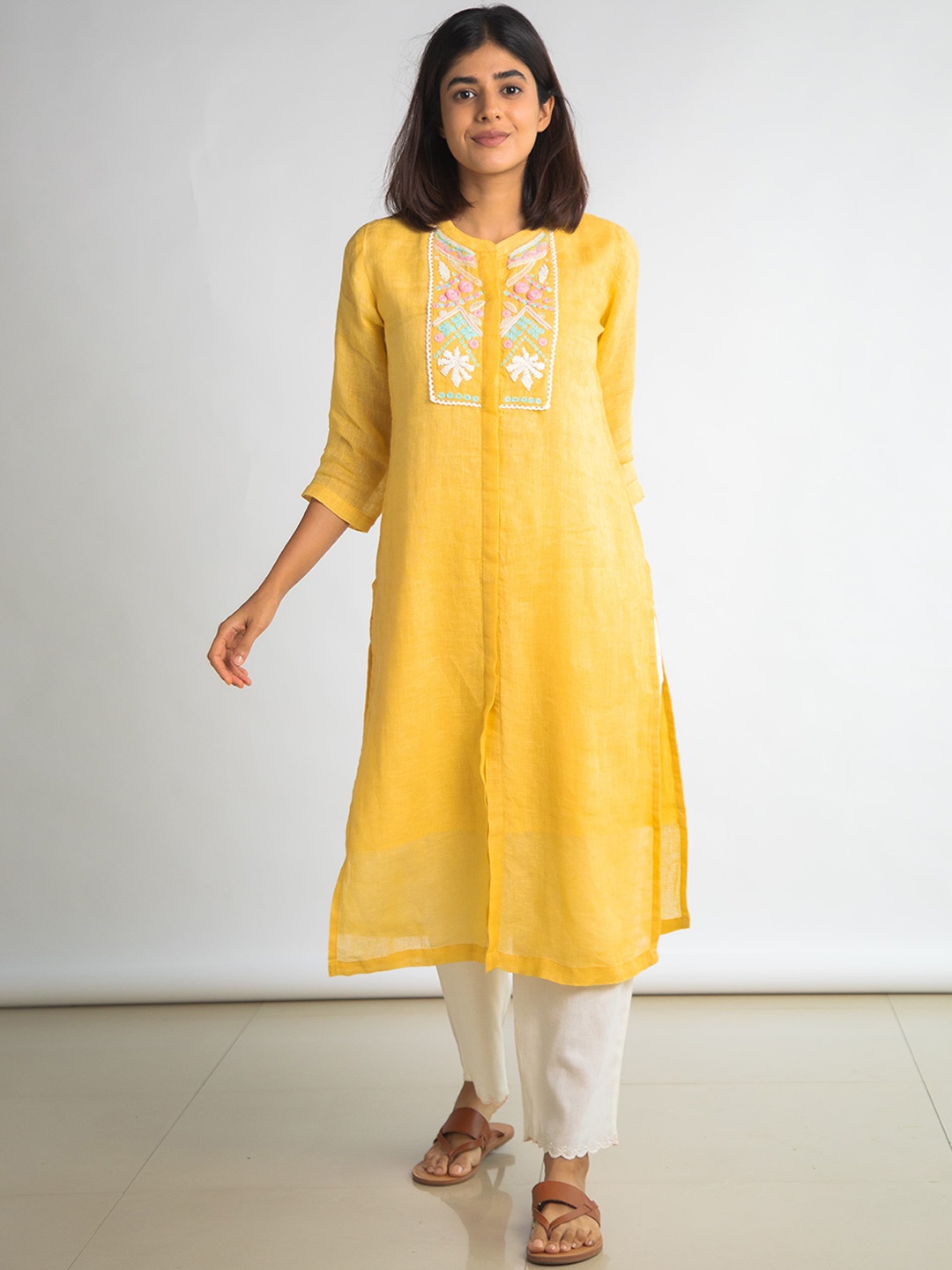Bombay Bloom Floral Embroidered Thread Work Linen Straight Kurta, Yellow