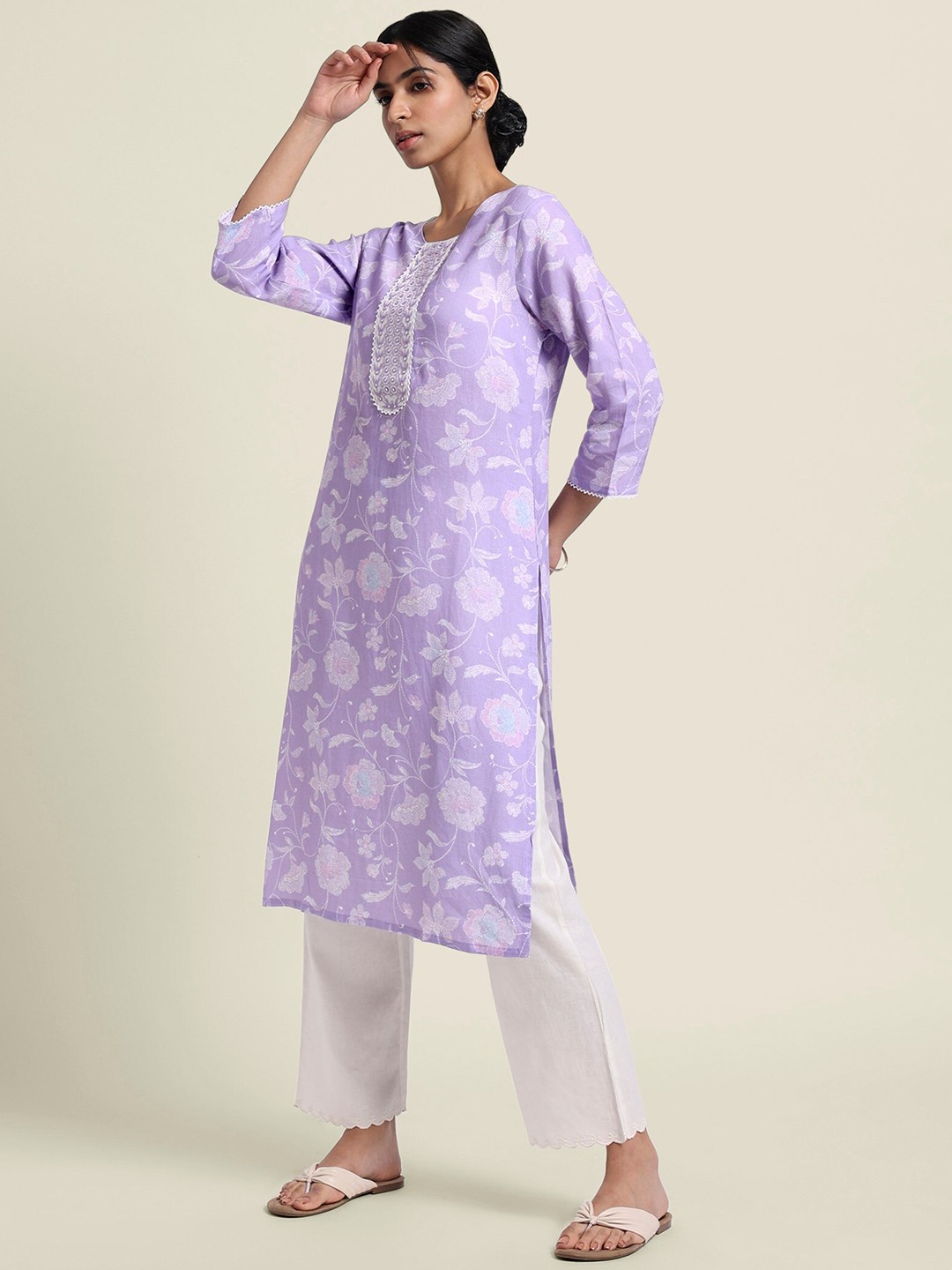 

Bombay Bloom Floral Printed Thread Work Linen Straight Kurta, Lavender
