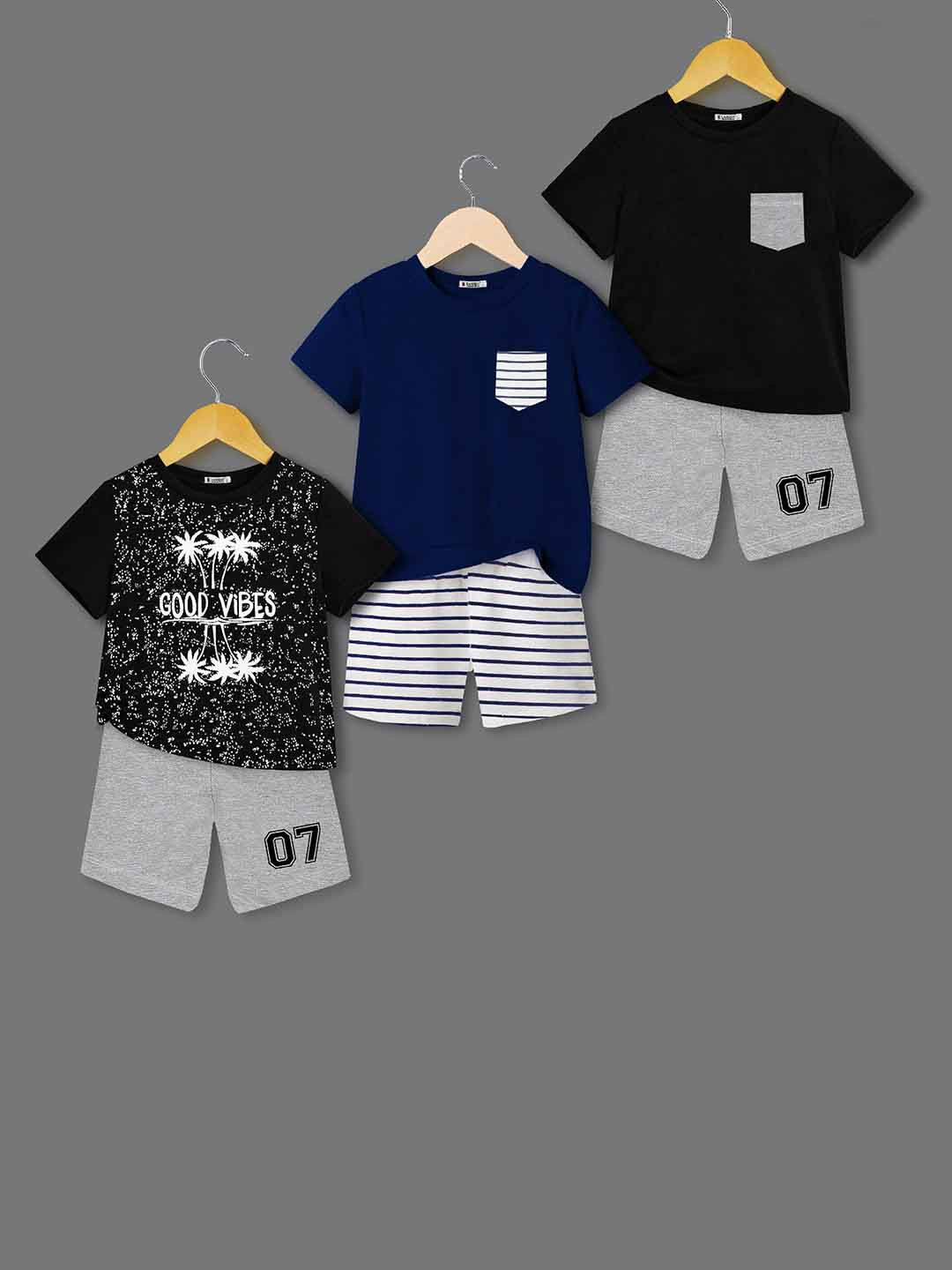 

BAESD Boys Pack Of 3 Printed Pure Cotton T-shirt With Shorts, Black