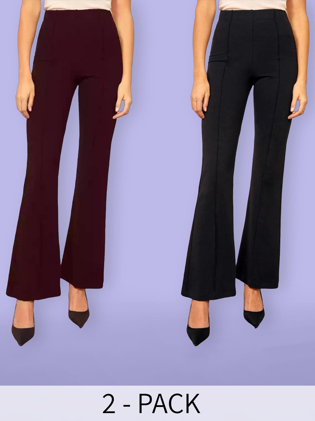 

Fabflee Women Pack of 2 Flared High Rise Cotton Pleated Trousers, Black