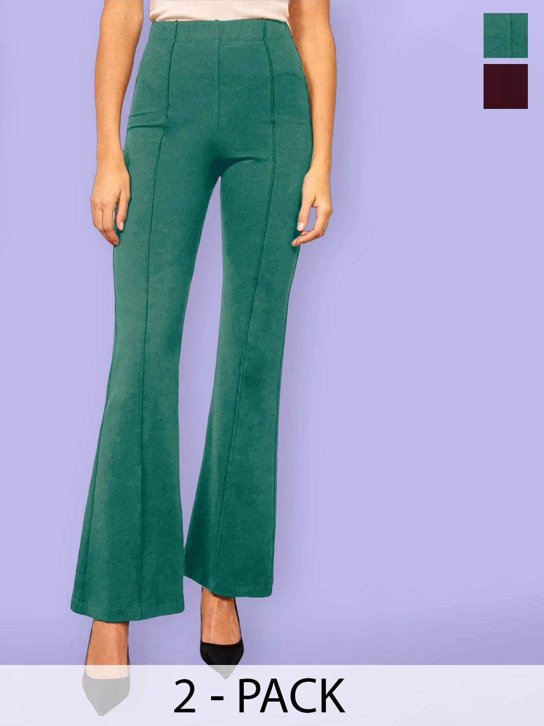 

Fabflee Women Pack of 2 Flared High-Rise Cotton Parallel Trousers, Green