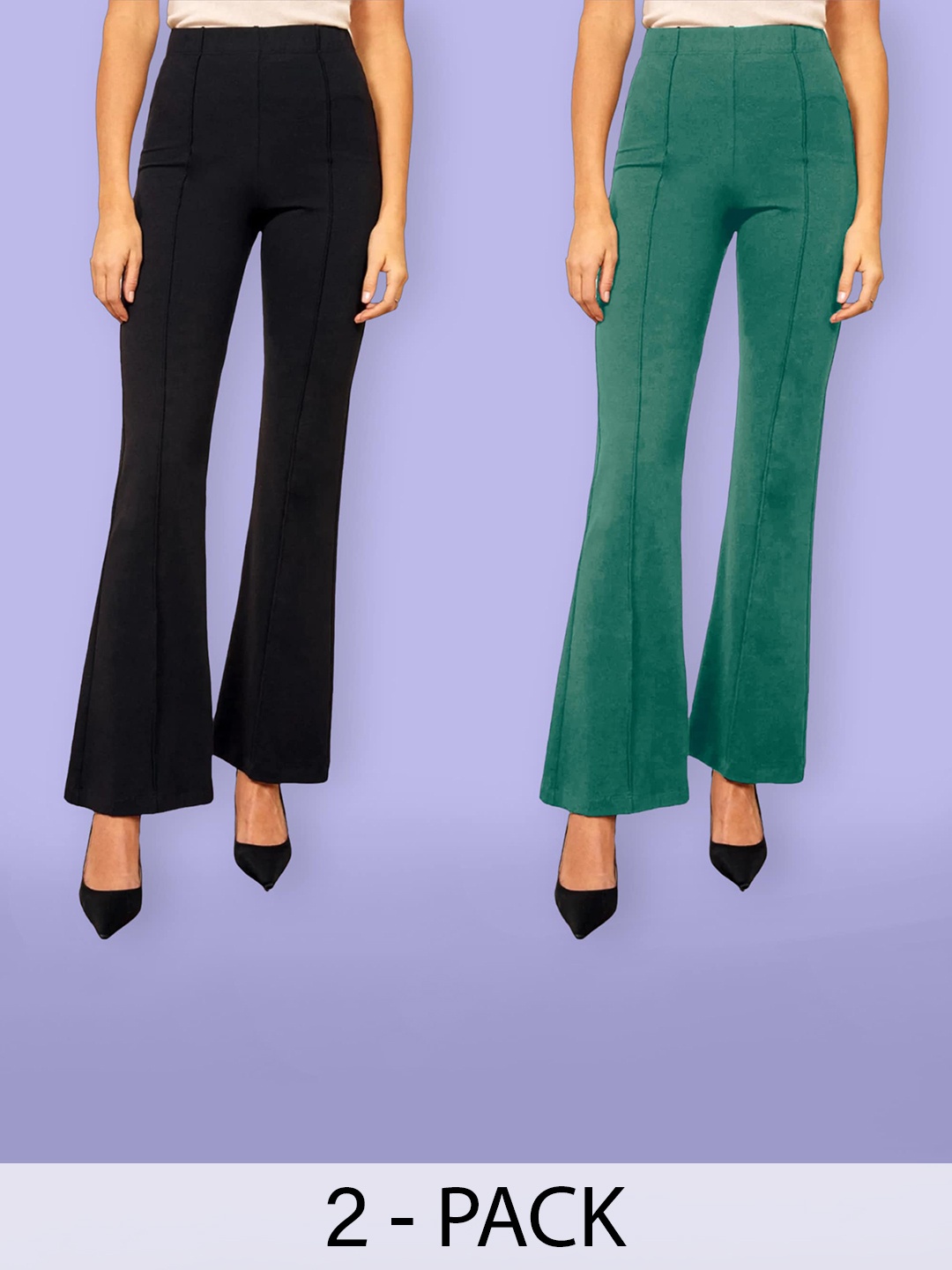 

Fabflee Women Pack Of 2 Flared High Rise Cotton Bootcut Trousers, Black
