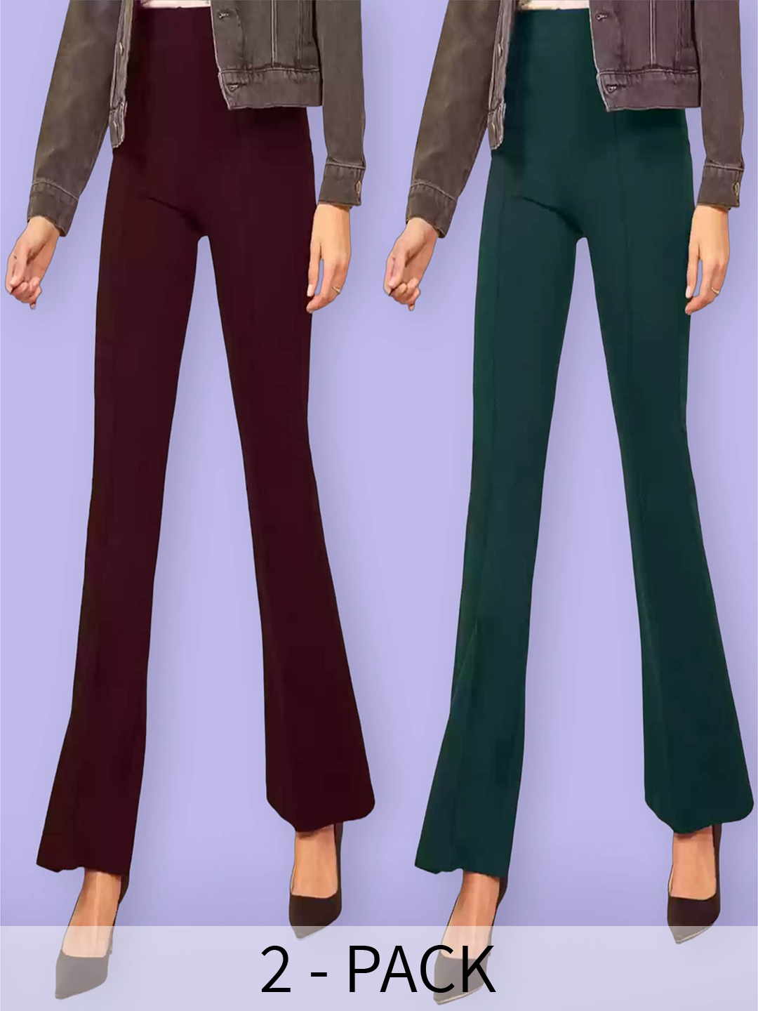 

Fabflee Women Pack Of 2 Flared High Rise Cotton Bootcut Trousers, Maroon
