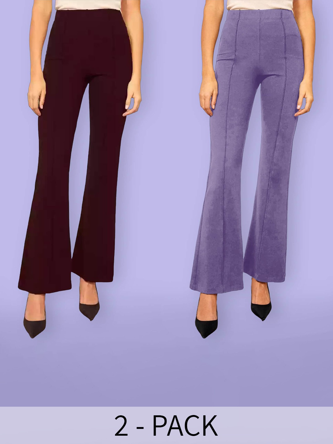 

Fabflee Women Pack Of 2 Flared High Rise Cotton Bootcut Trousers, Blue
