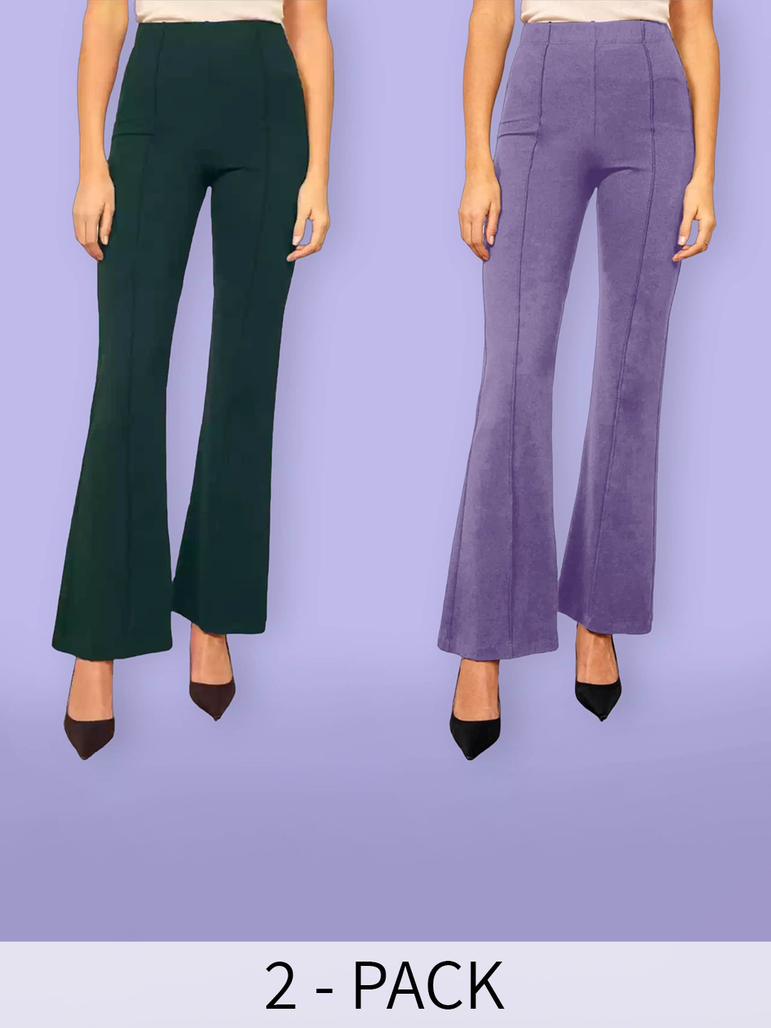 

Fabflee Women Pack Of 2 High-Rise Flared Cotton Bootcut Trousers, Green