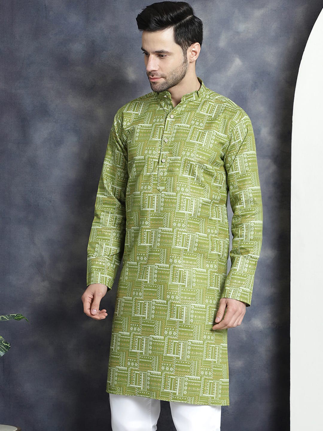 

Jompers Abstract Printed Band Collar Straight Kurta, Olive