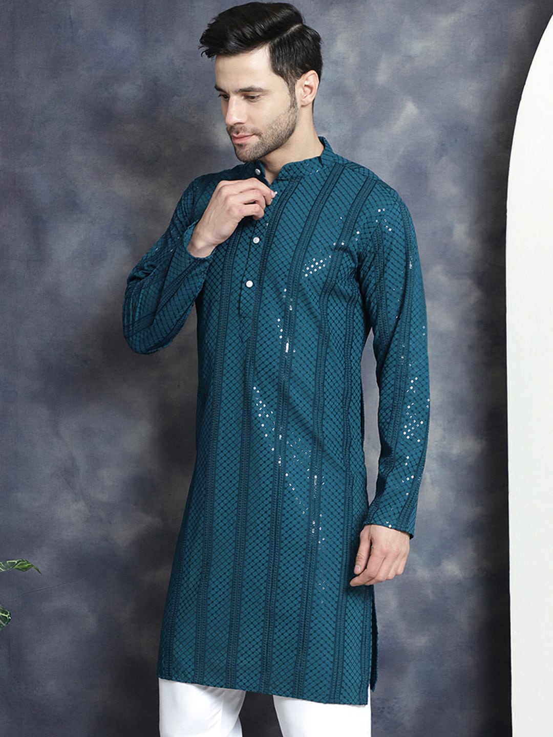 

Jompers Geometric Sequins Chikankari Embroidered Band Collar Kurta, Blue