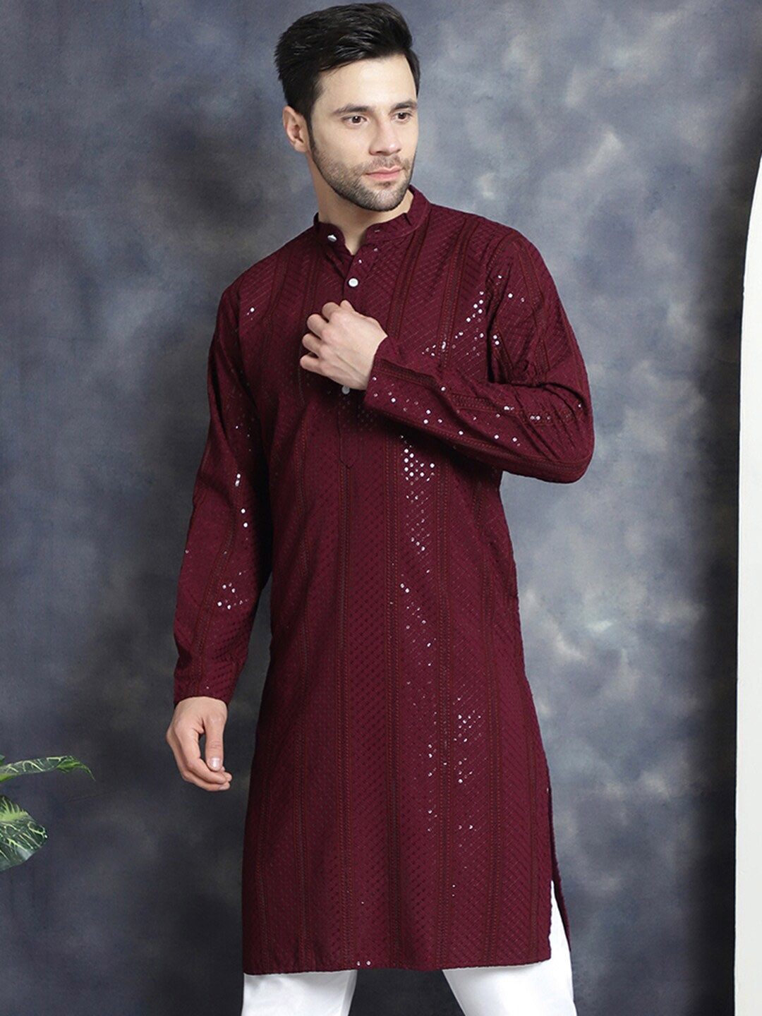 

Jompers Geometric Sequins Chikankari Embroidered Band Collar Kurta, Purple