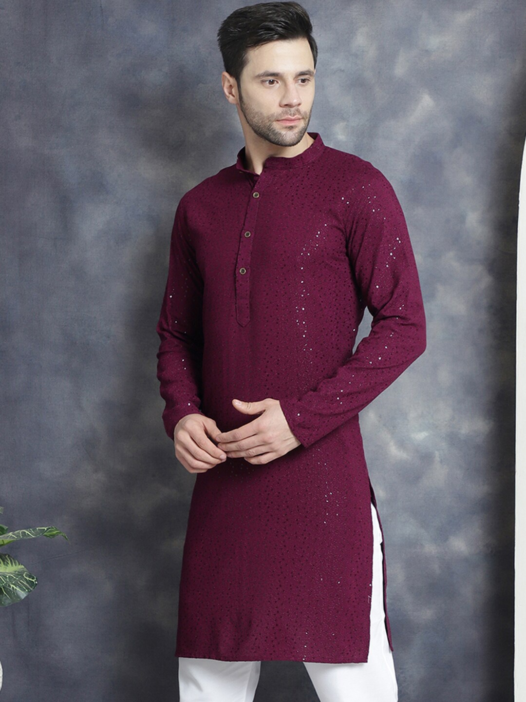 

Jompers Embellished Sequins Chikankari Embroidered Straight Kurta, Purple