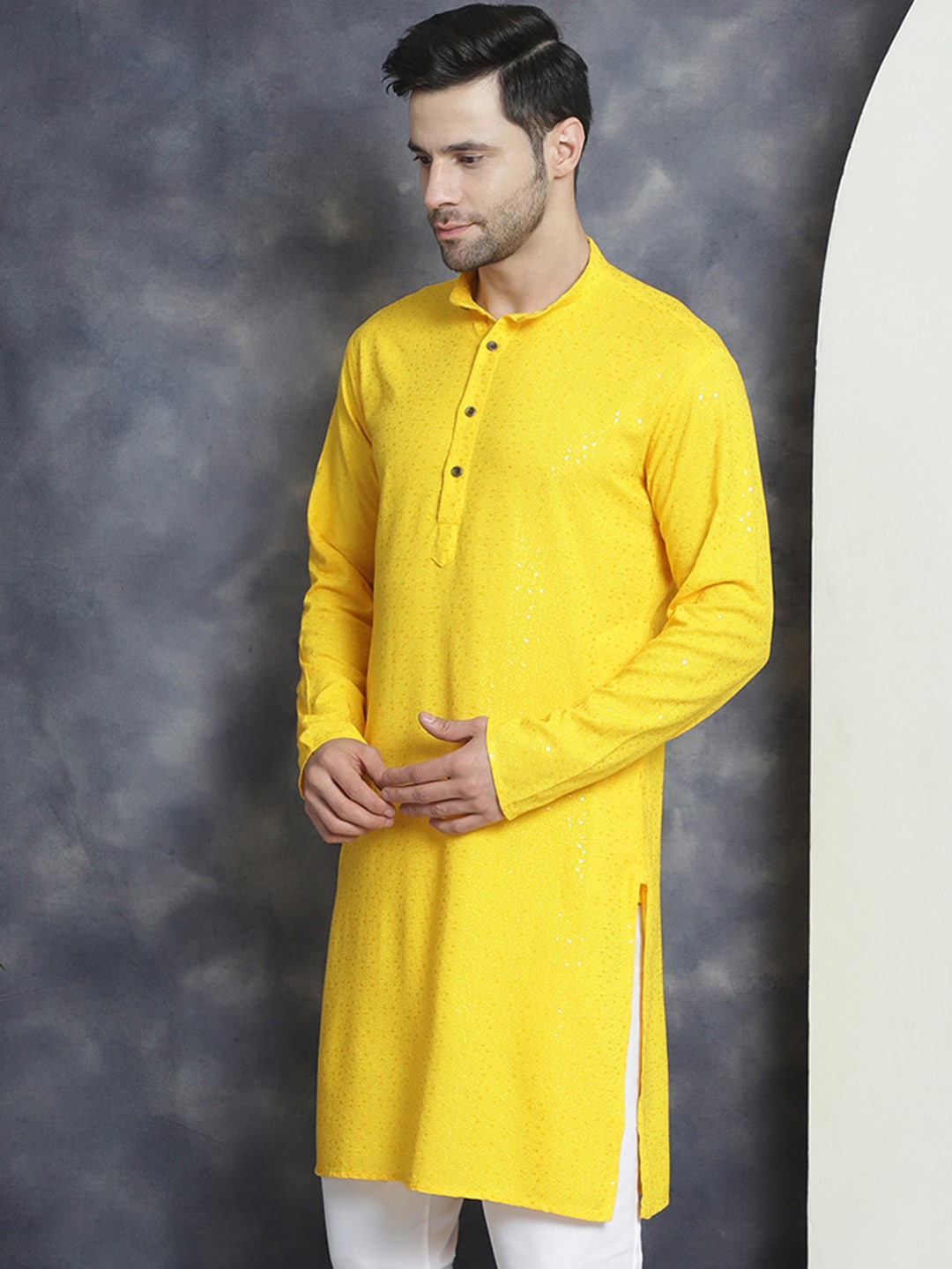 

Jompers Sequins Chikankari Embroidered Band Collar Straight Kurta, Yellow